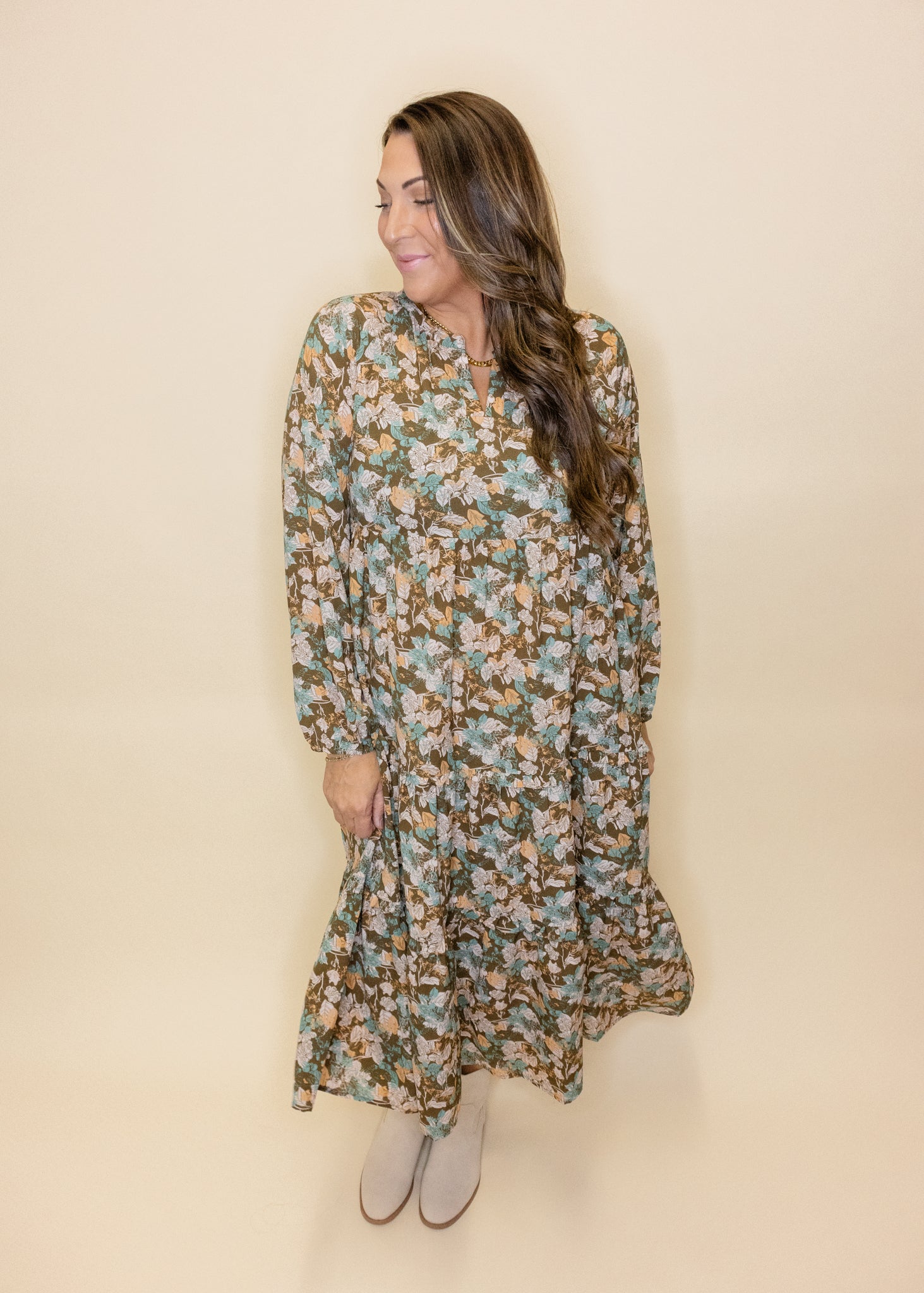 Brown Floral Chiffon Midi Dress