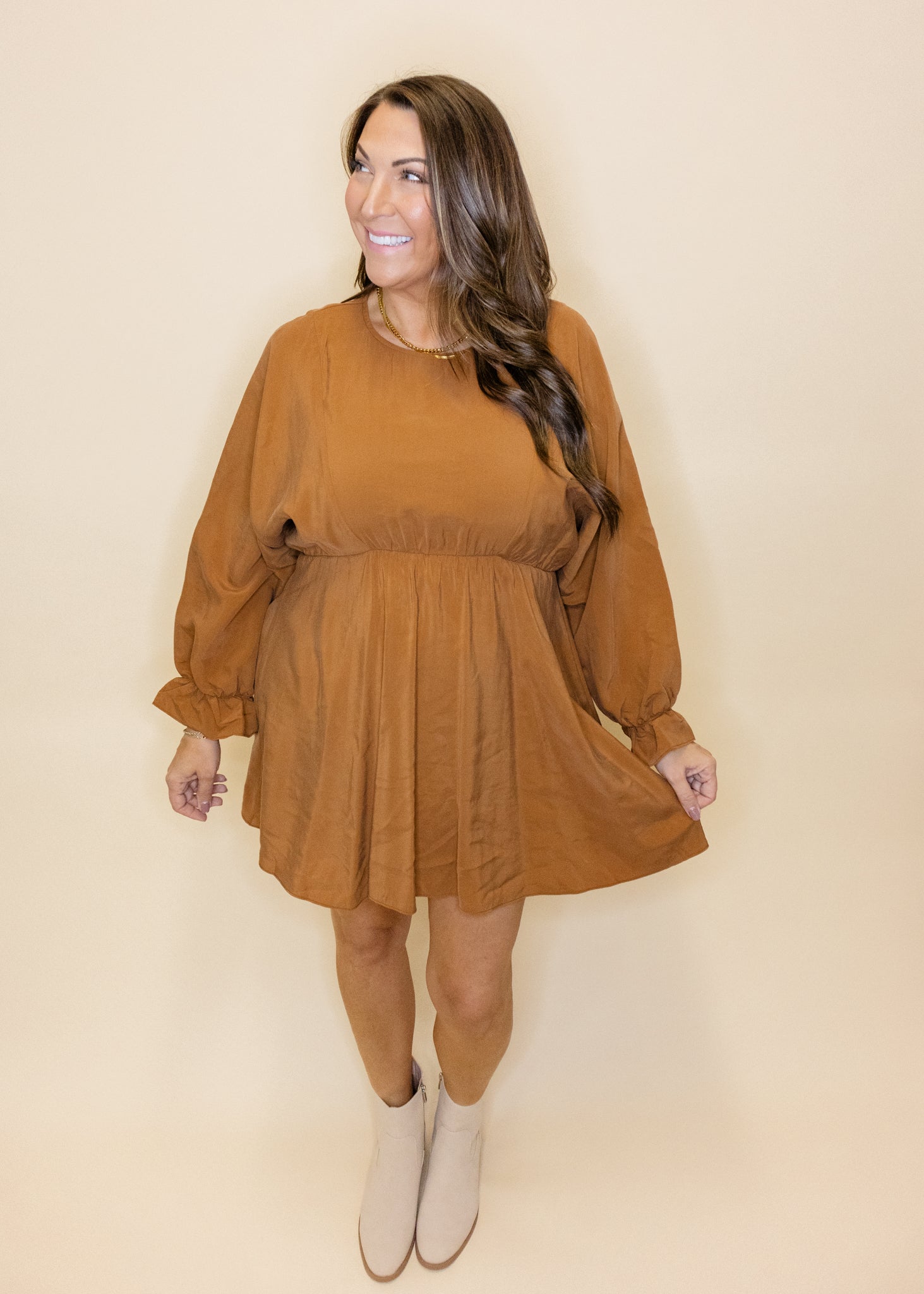 Camel Long Sleeve Satin Dress