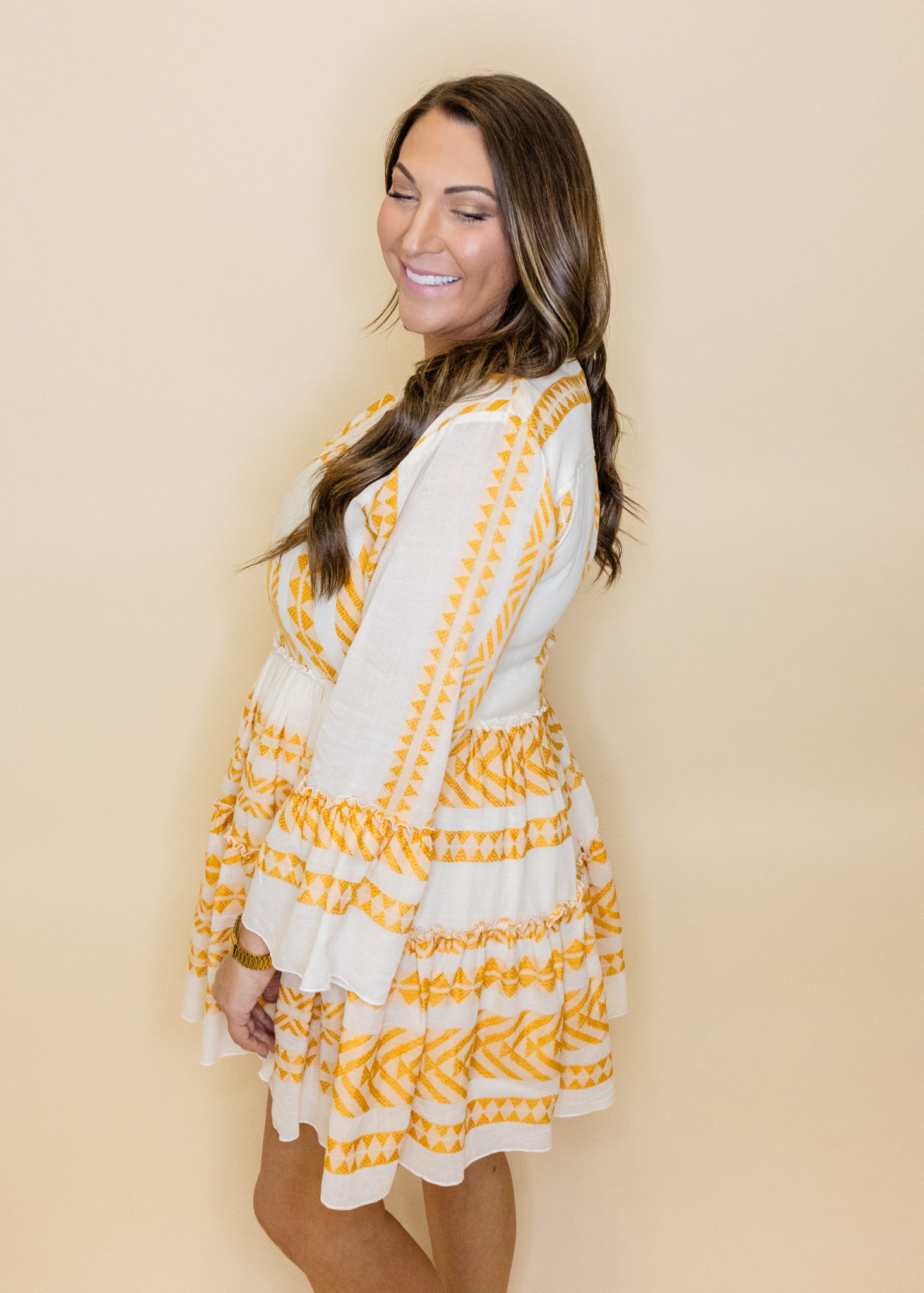 Mustard Print Bell Sleeve Dress