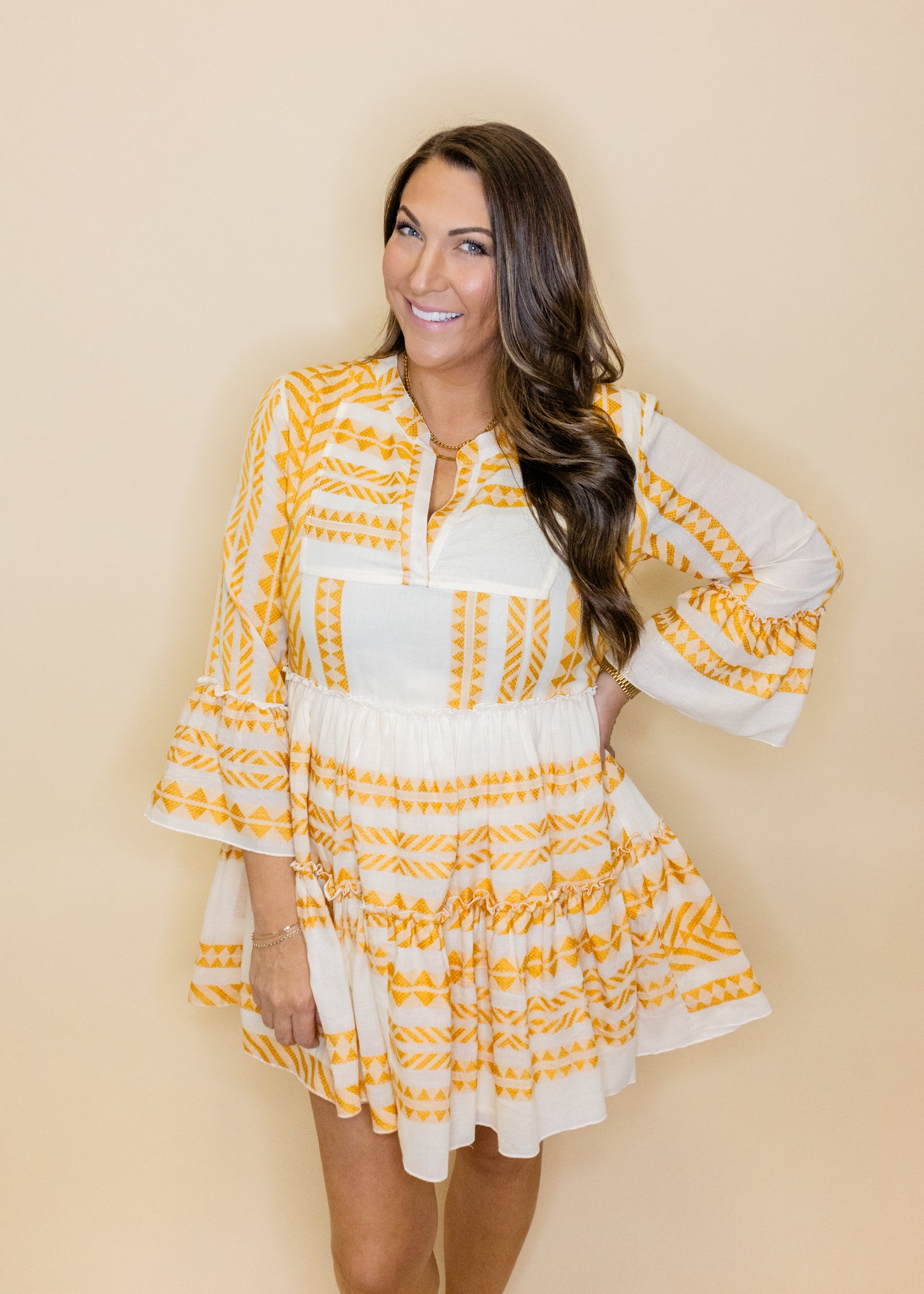 Mustard Print Bell Sleeve Dress