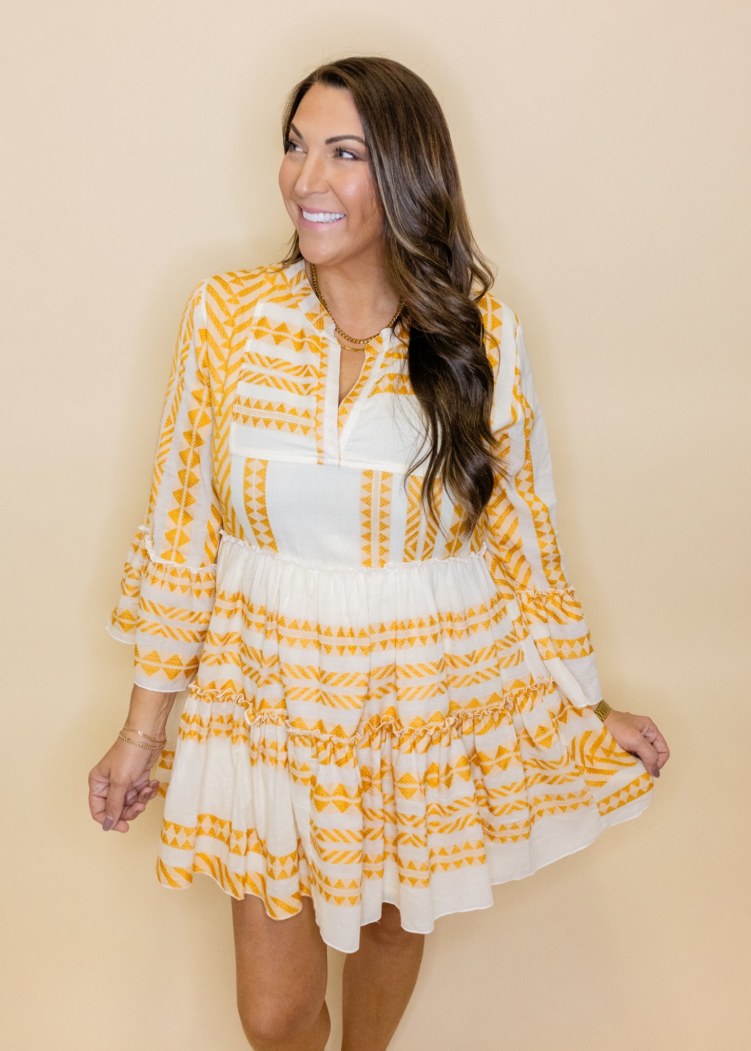 Mustard Print Bell Sleeve Dress