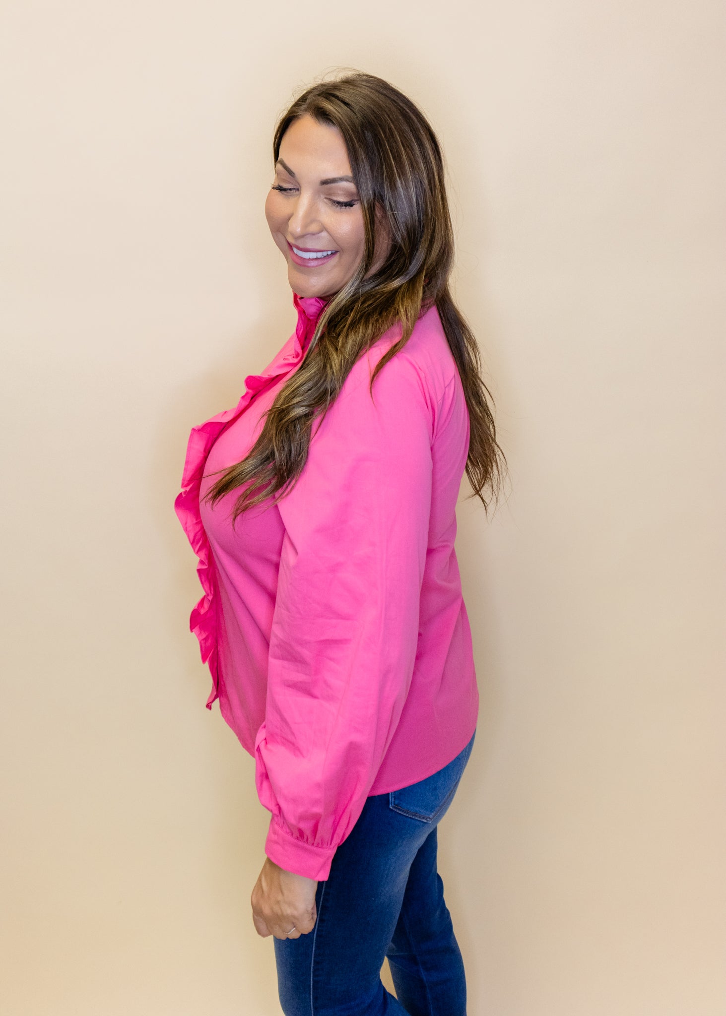 Pink Ruffle Button Up Top