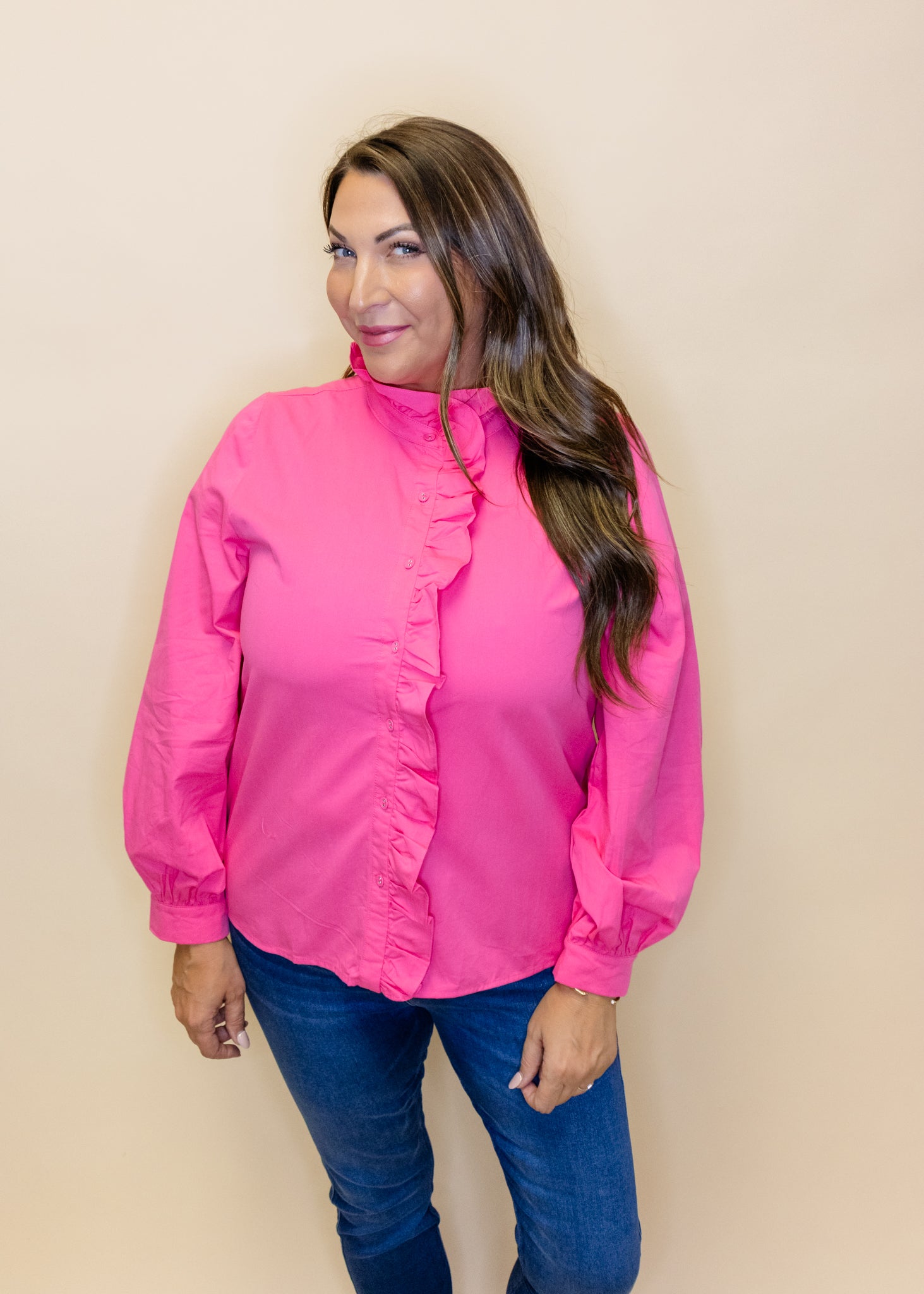 Pink Ruffle Button Up Top