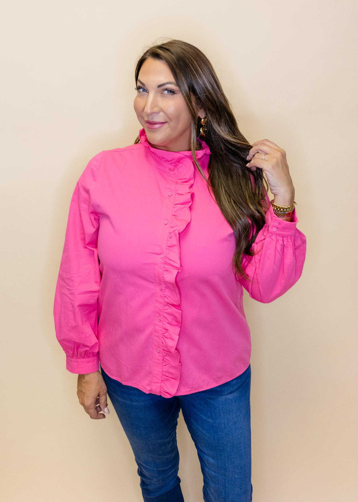 Pink Ruffle Button Up Top