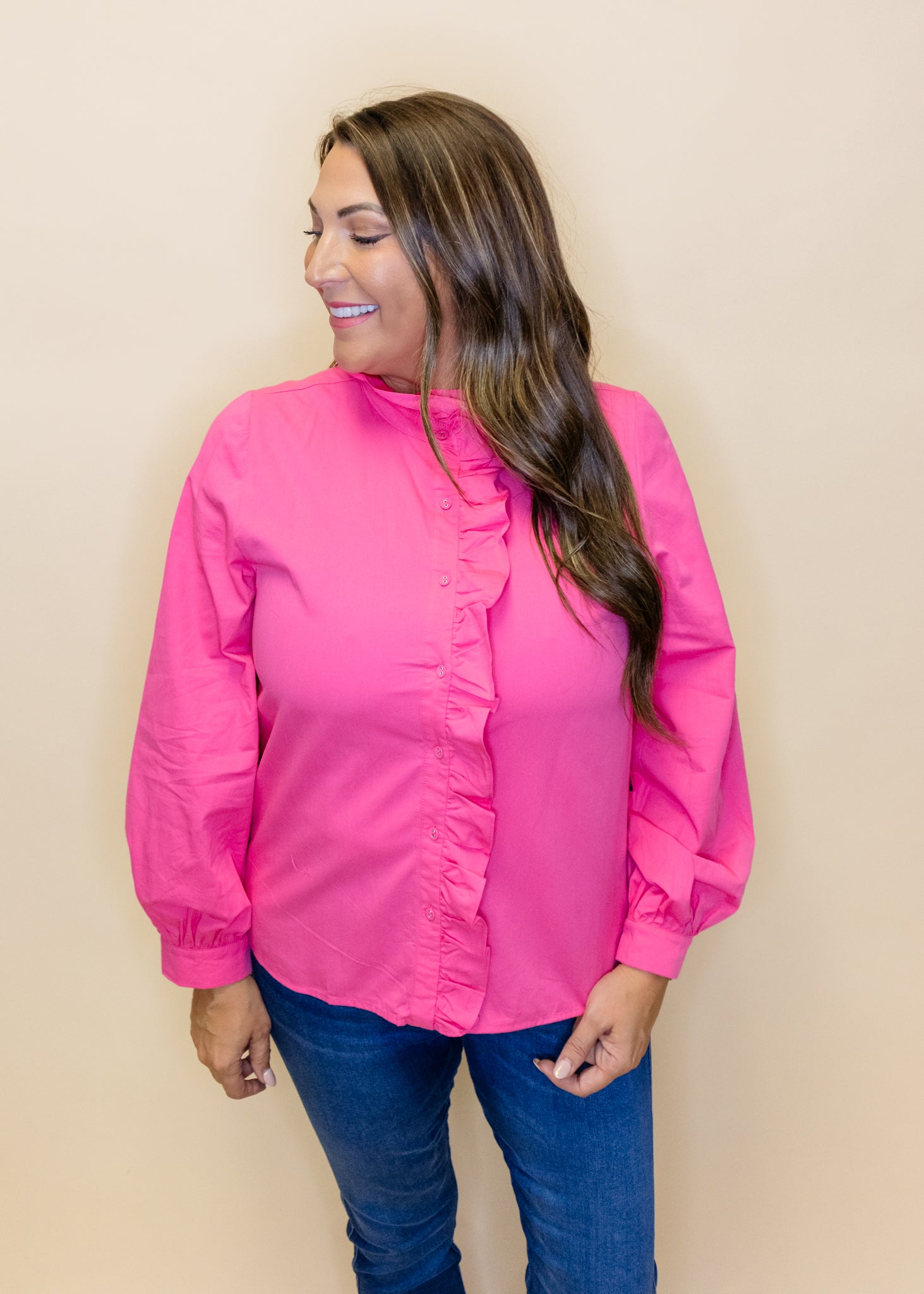 Pink Ruffle Button Up Top