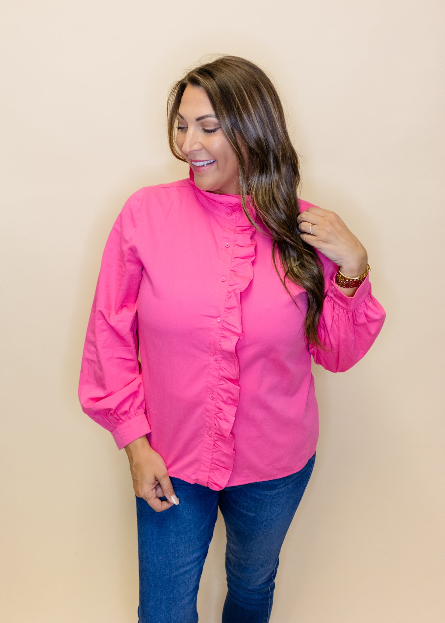 Pink Ruffle Button Up Top