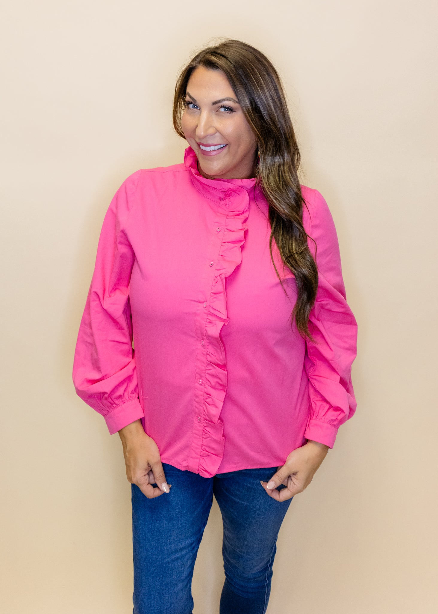 Pink Ruffle Button Up Top