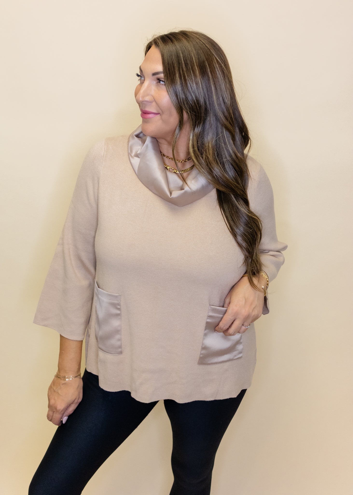 Taupe Satin Detail Sweater