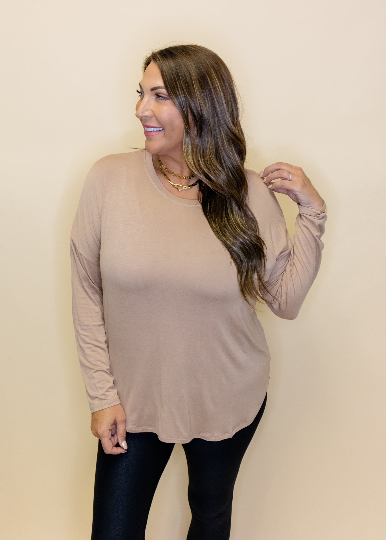 Taupe Crewe Long Sleeve Top