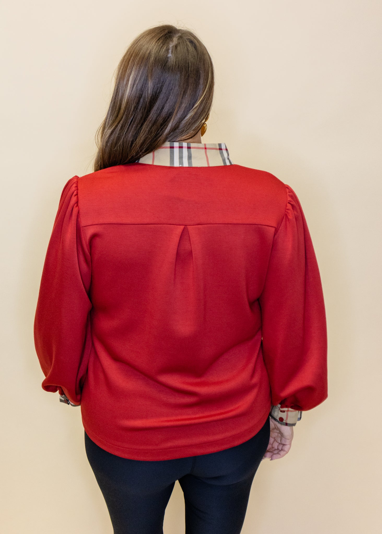 Red Plaid Detail Mock Top