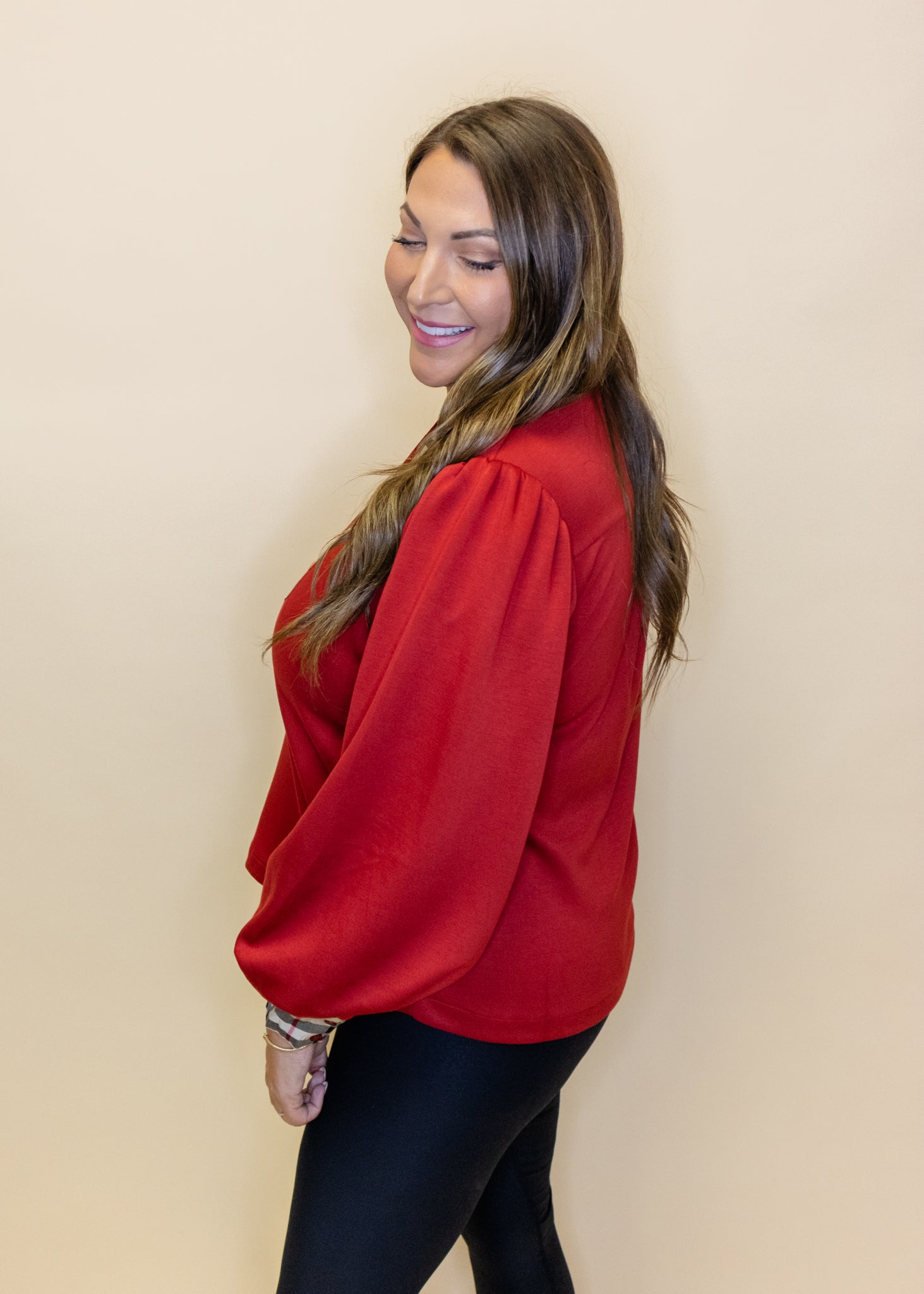 Red Plaid Detail Mock Top