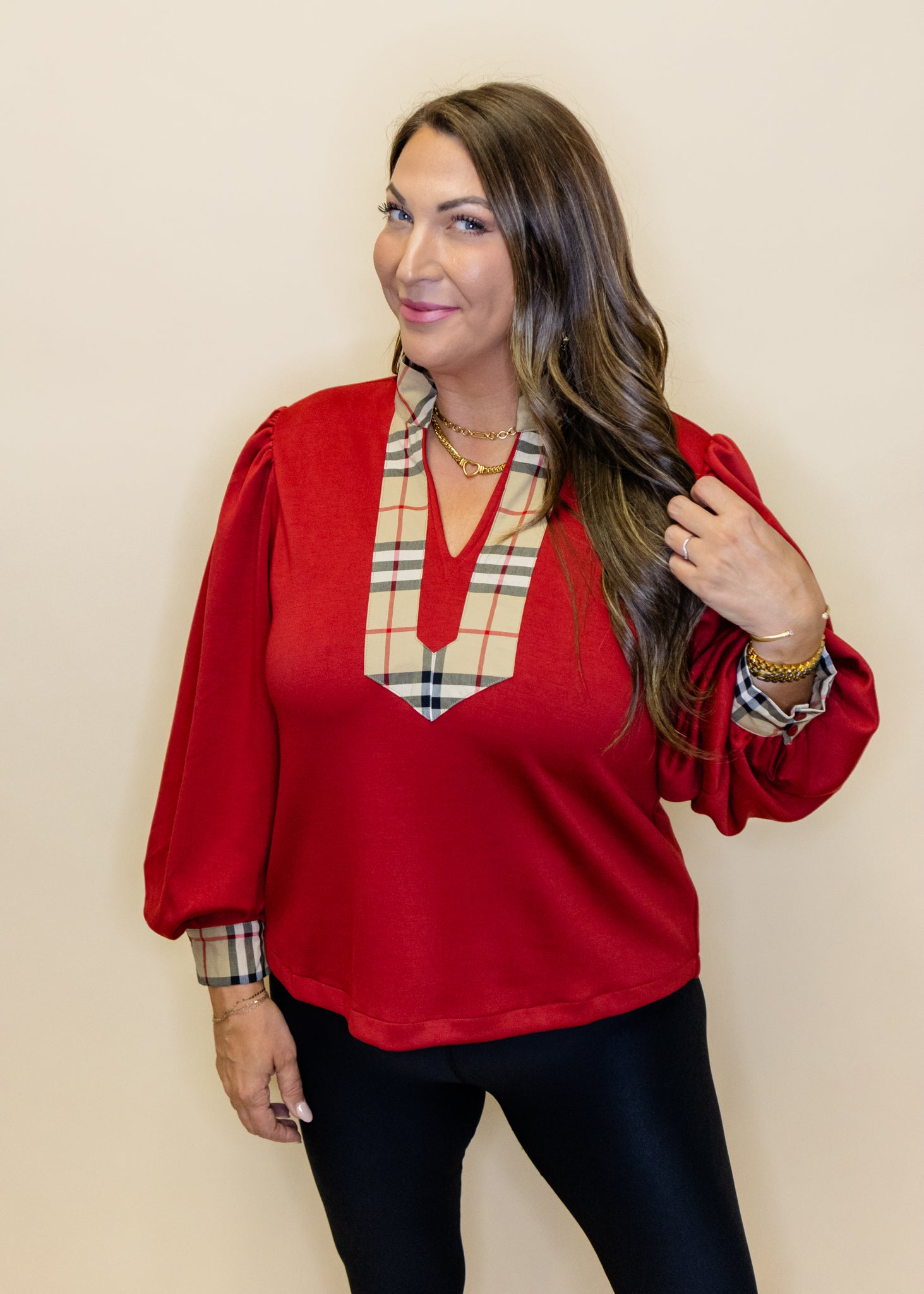 Red Plaid Detail Mock Top