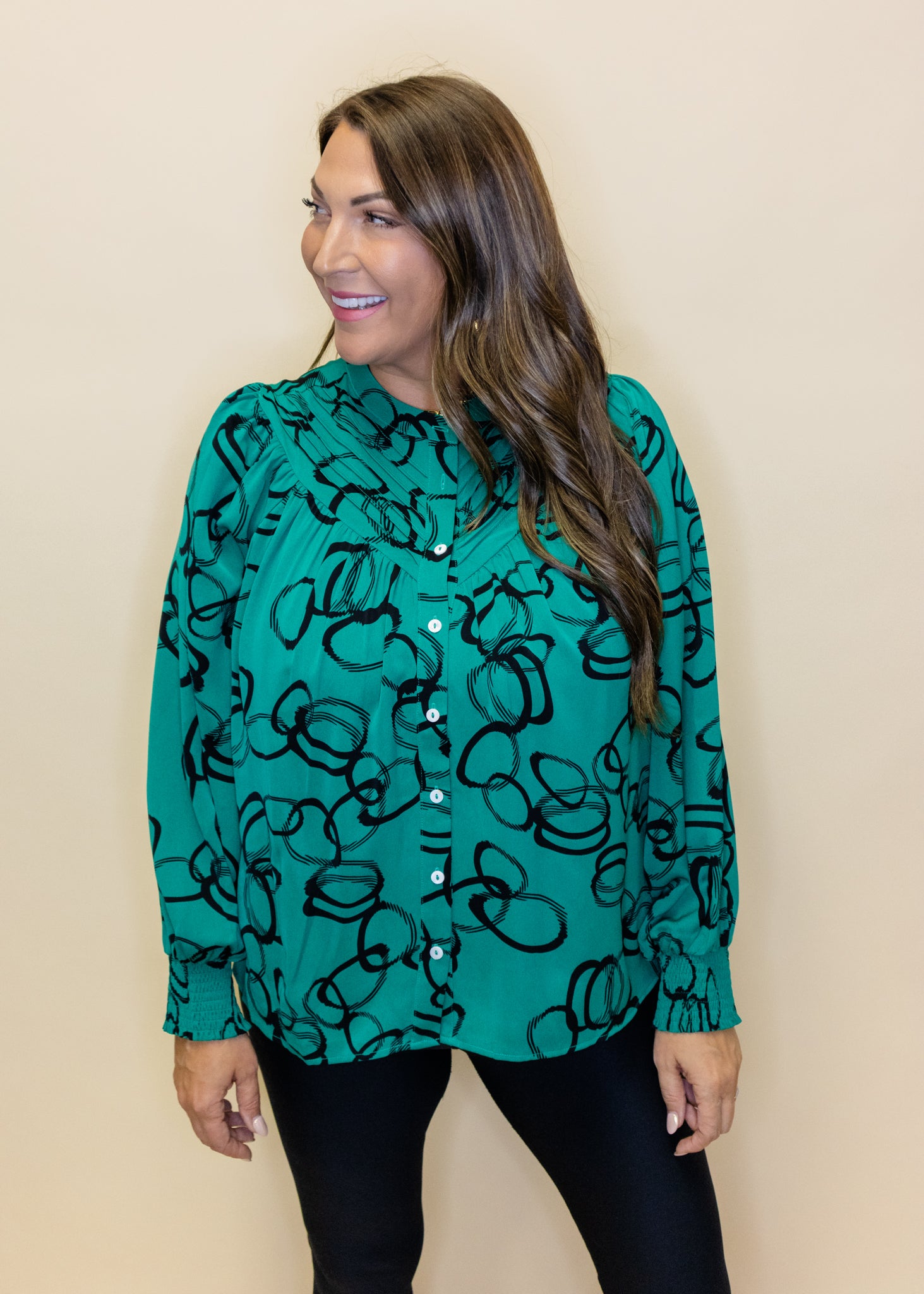Green Pinktuck Button Up Top