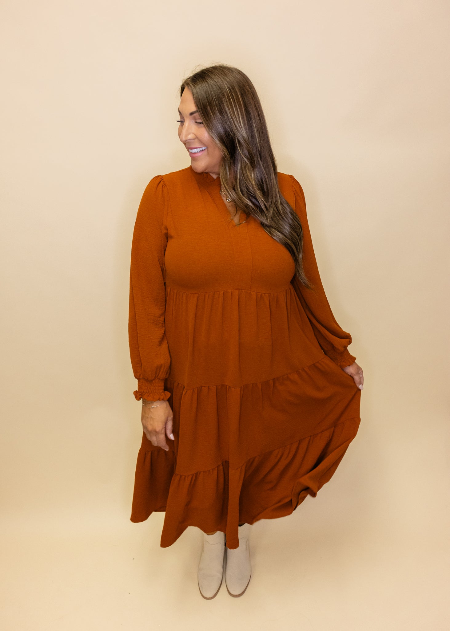 Toffee Long Sleeve Midi Dress