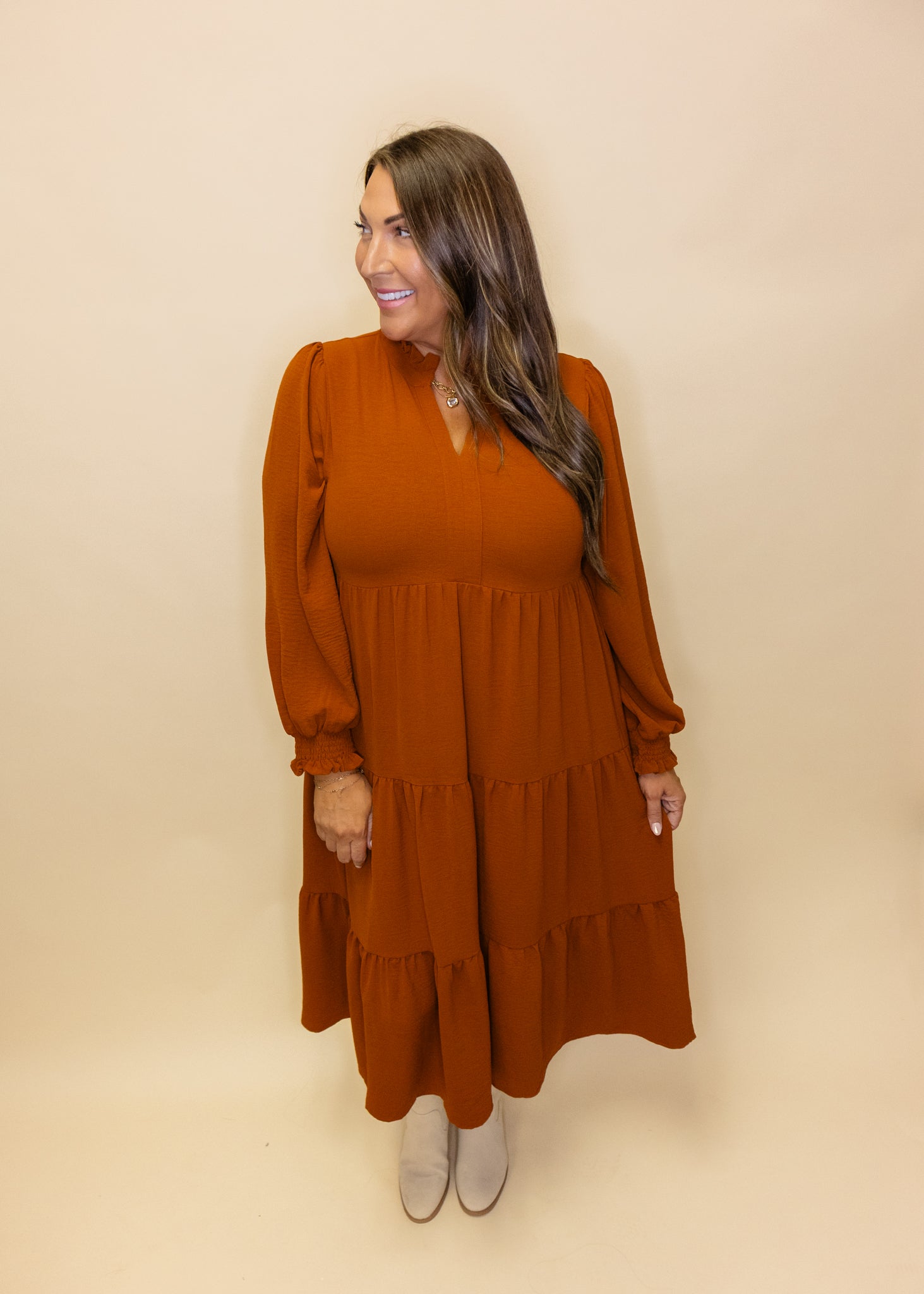 Toffee Long Sleeve Midi Dress