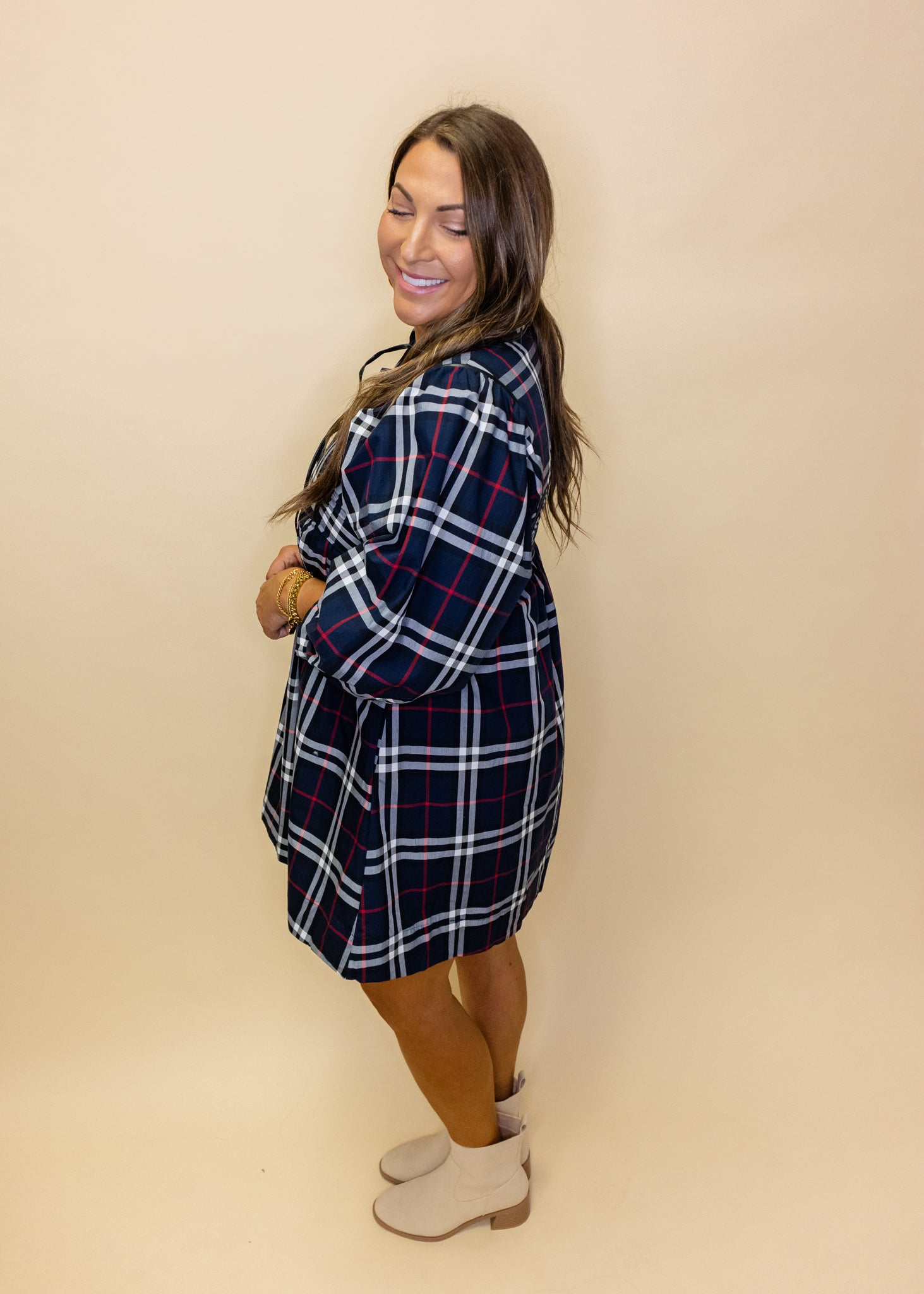 Navy Plaid Tie Pocket Dress