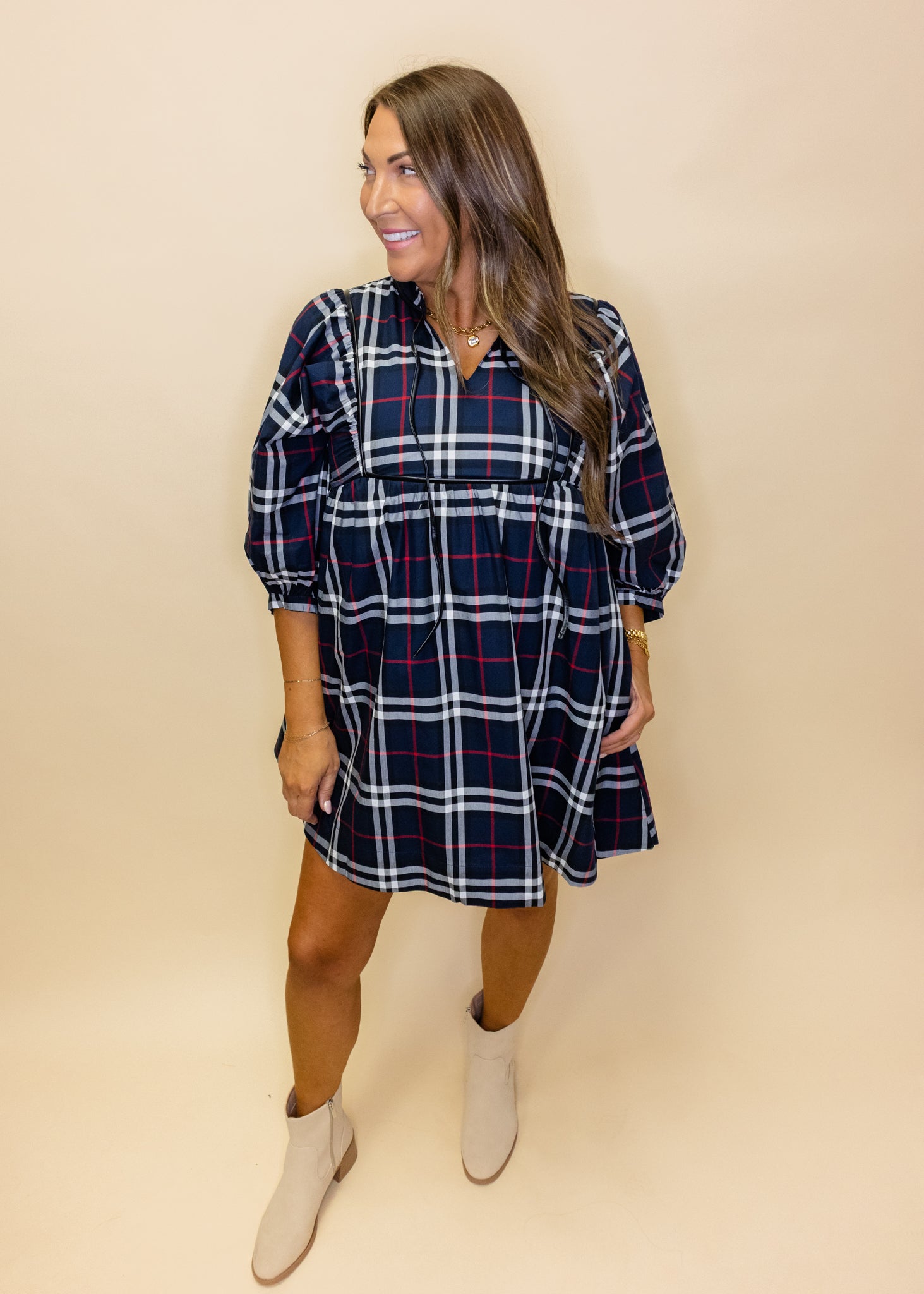 Navy Plaid Tie Pocket Dress