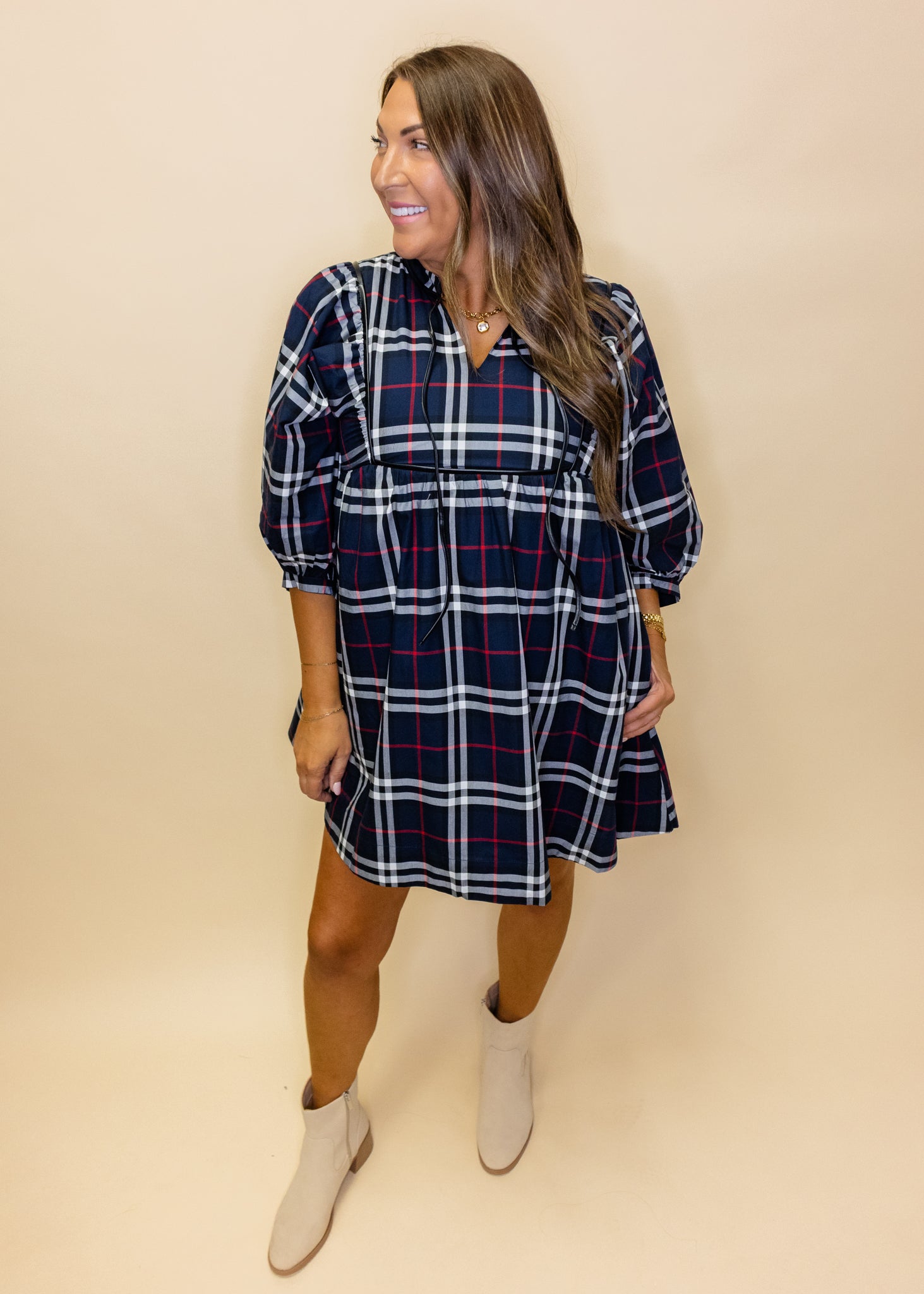 Navy Plaid Tie Pocket Dress