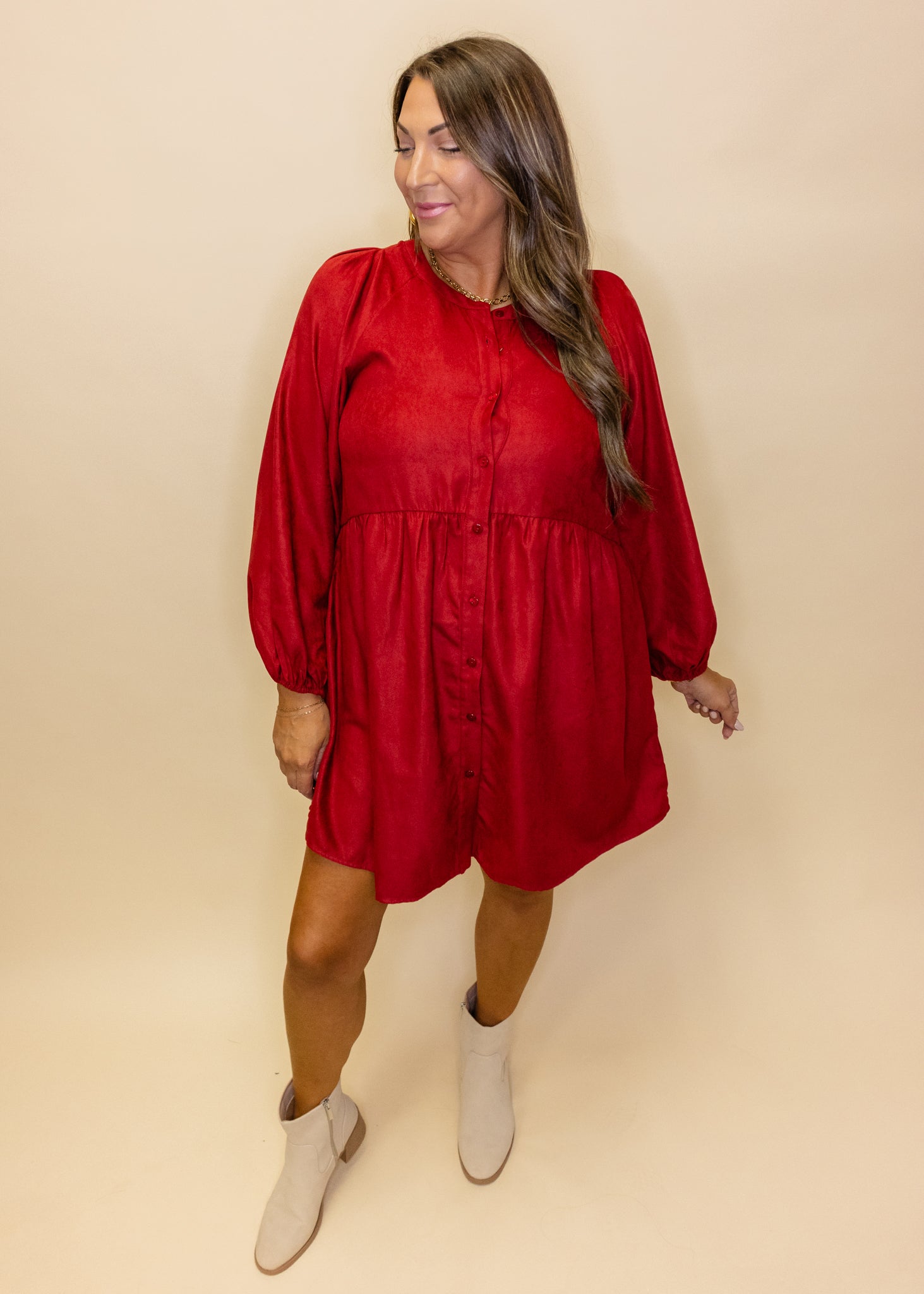 Burgundy Long Sleeve Button Dress