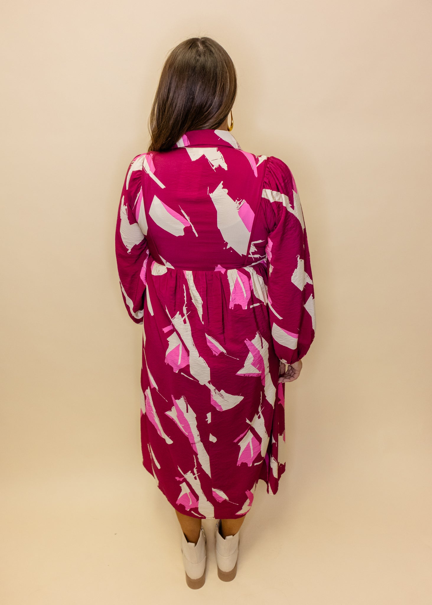 Maroon Print Long Sleeve Midi Dress