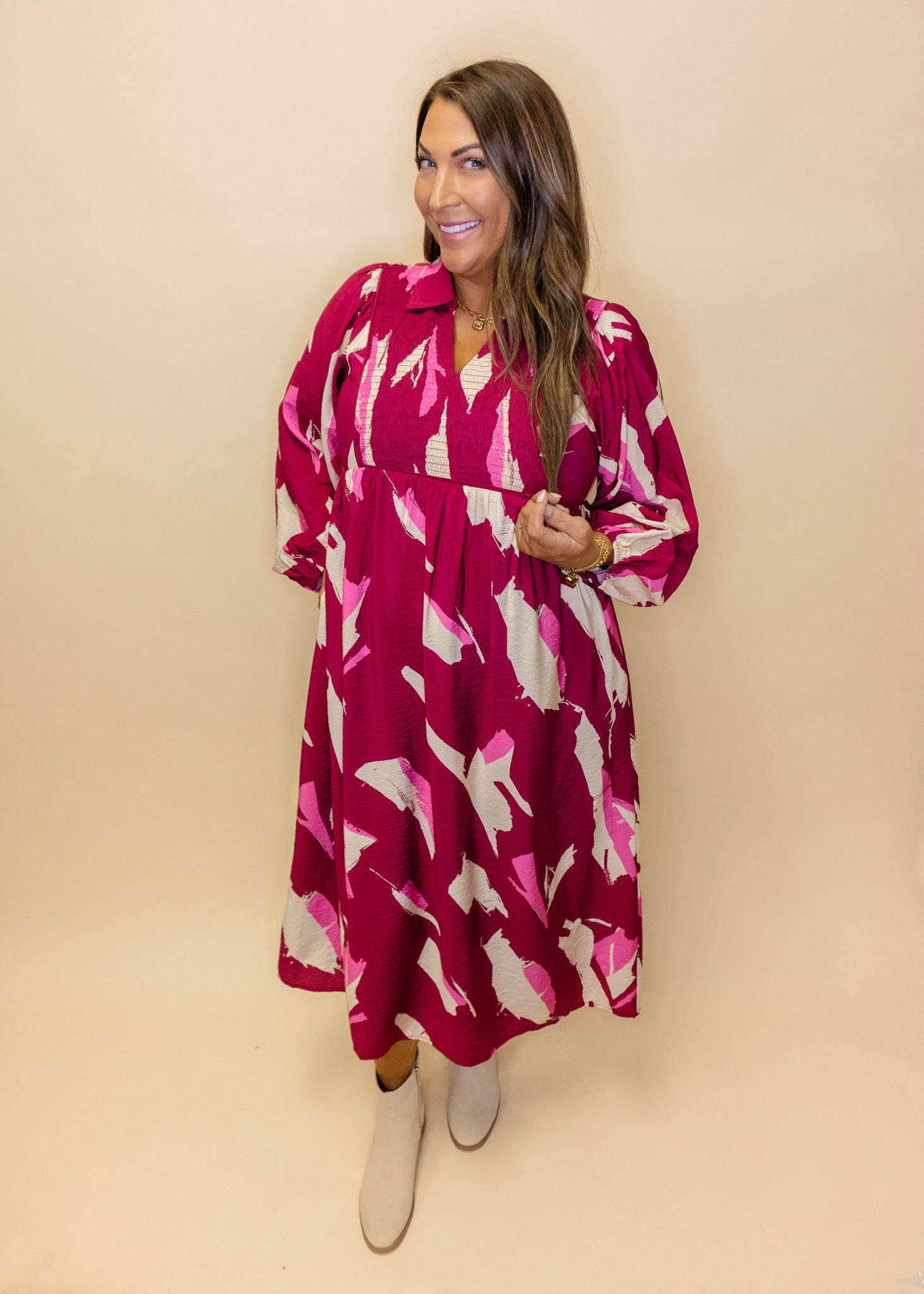 Maroon Print Long Sleeve Midi Dress