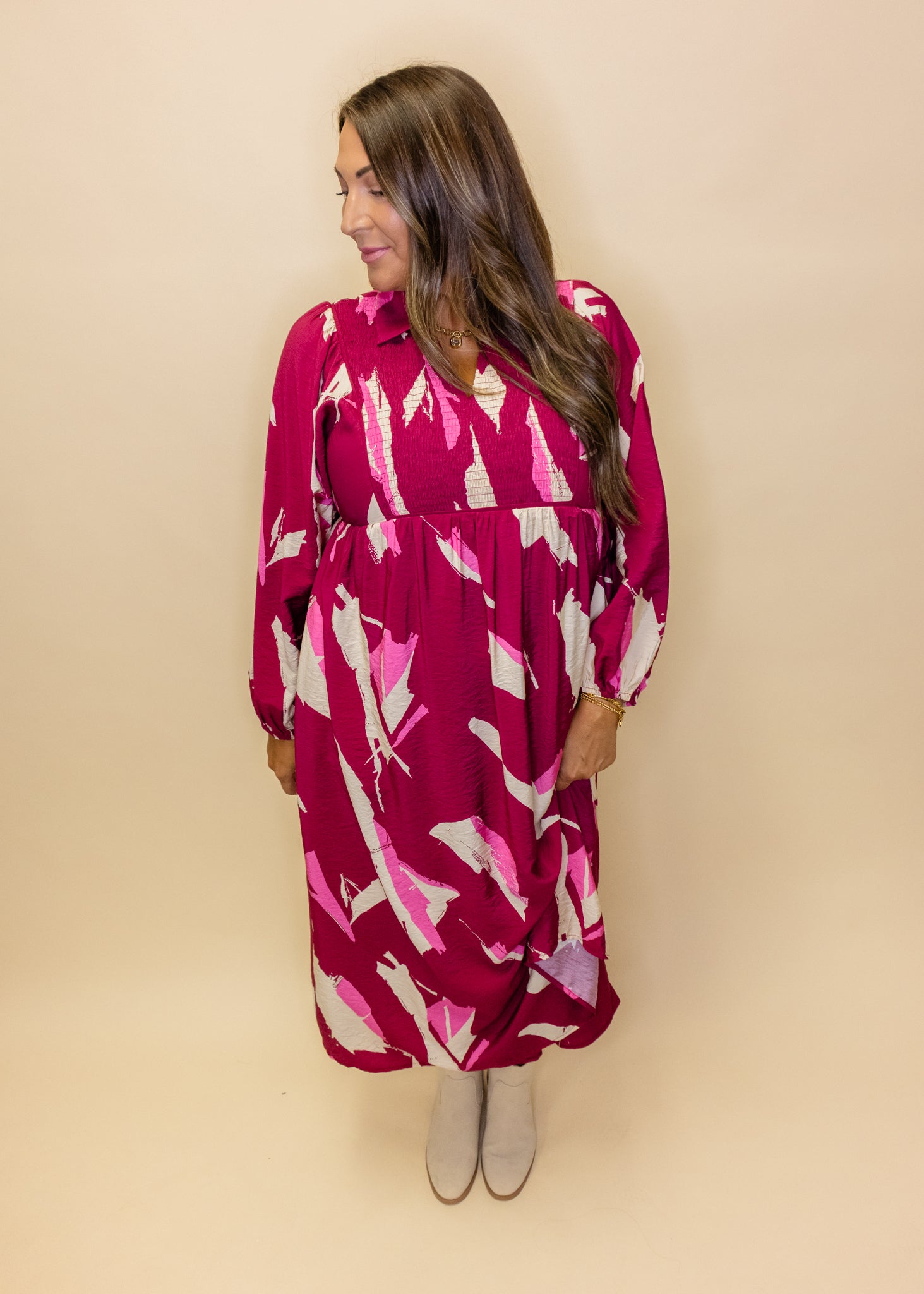 Maroon Print Long Sleeve Midi Dress