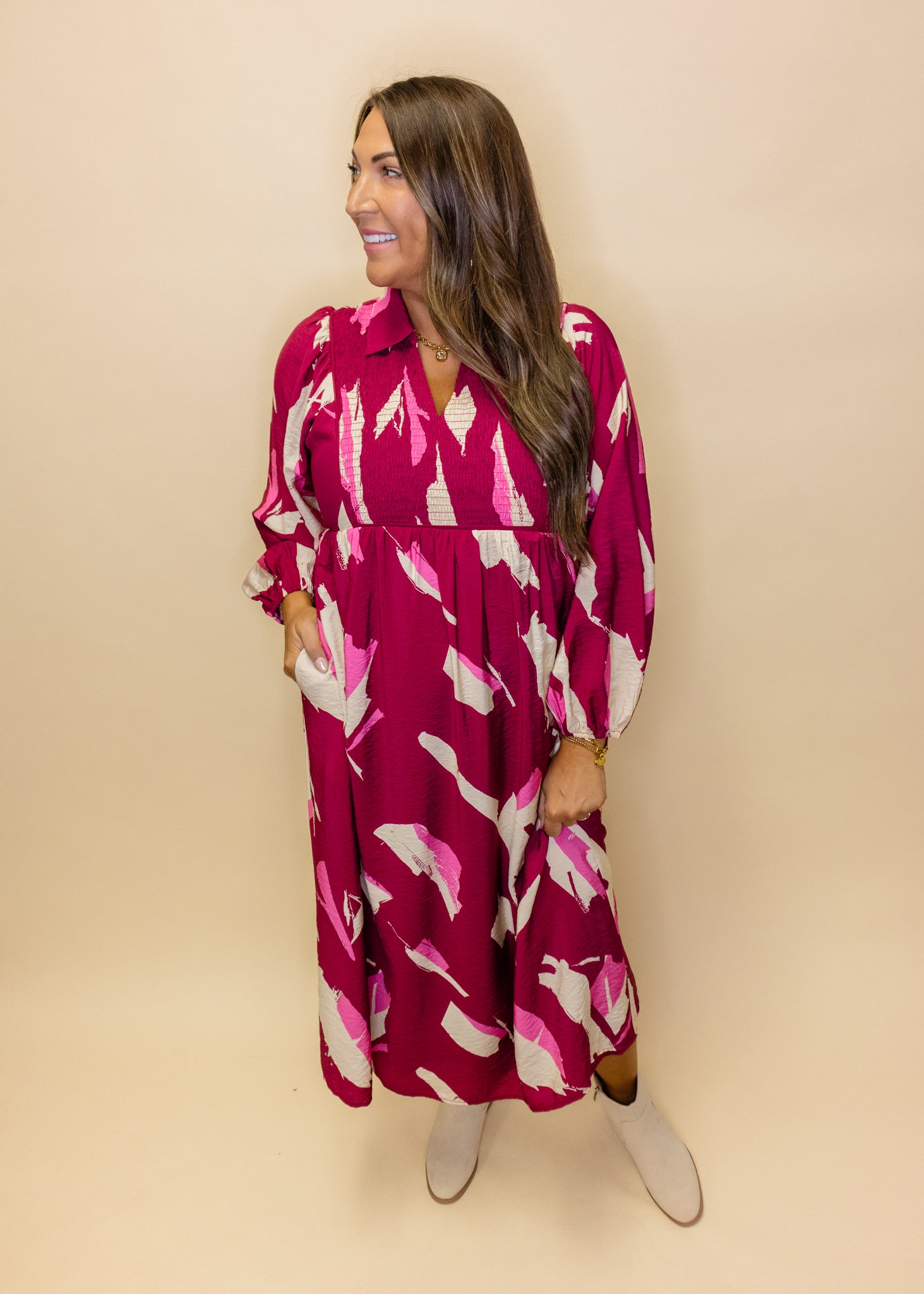 Maroon Print Long Sleeve Midi Dress