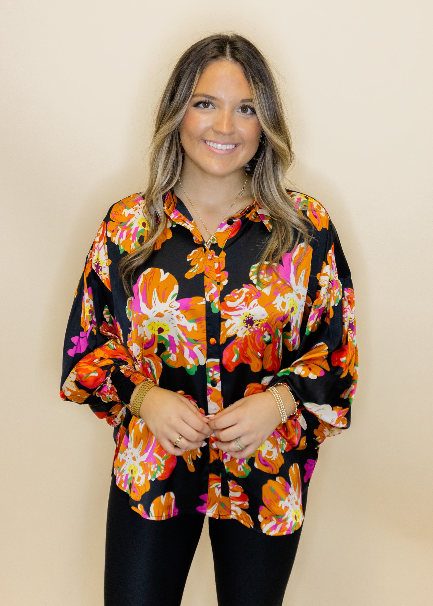 Black Floral Button Up Top