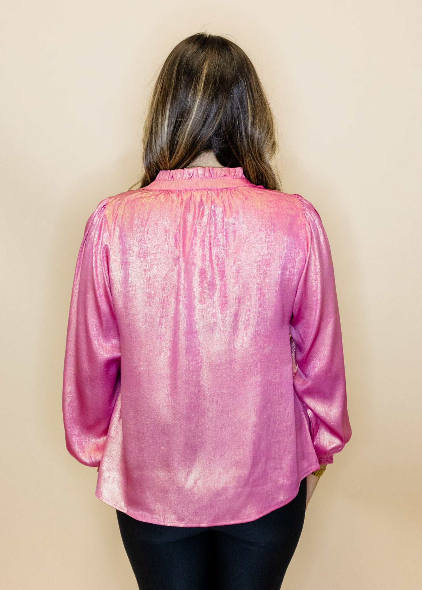 Pink Metallic Smocked Sleeve Top