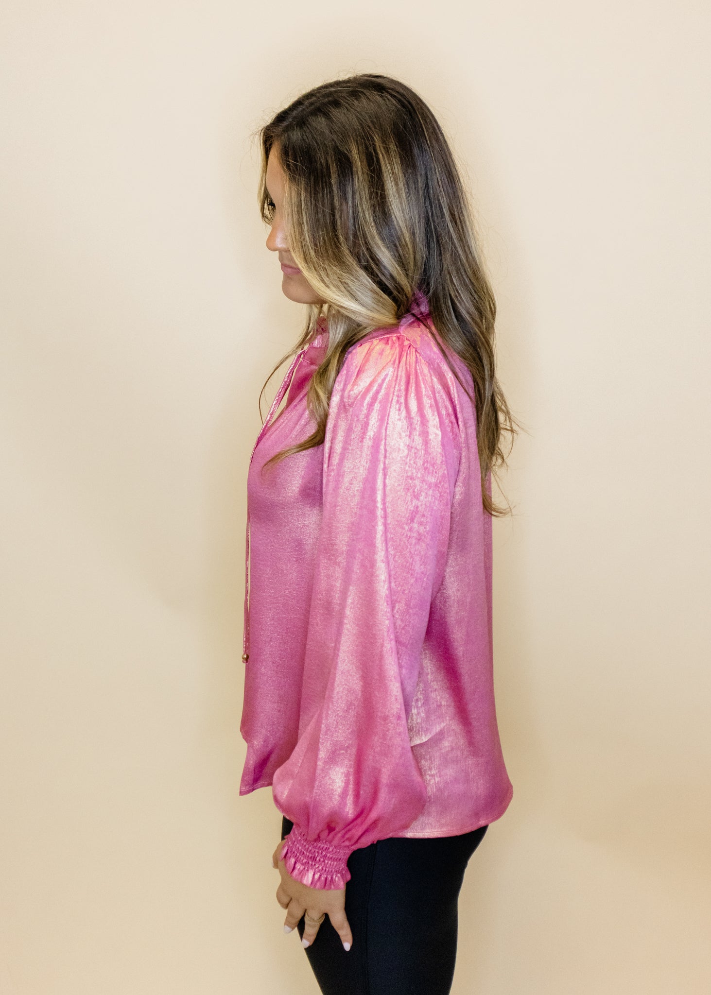 Pink Metallic Smocked Sleeve Top