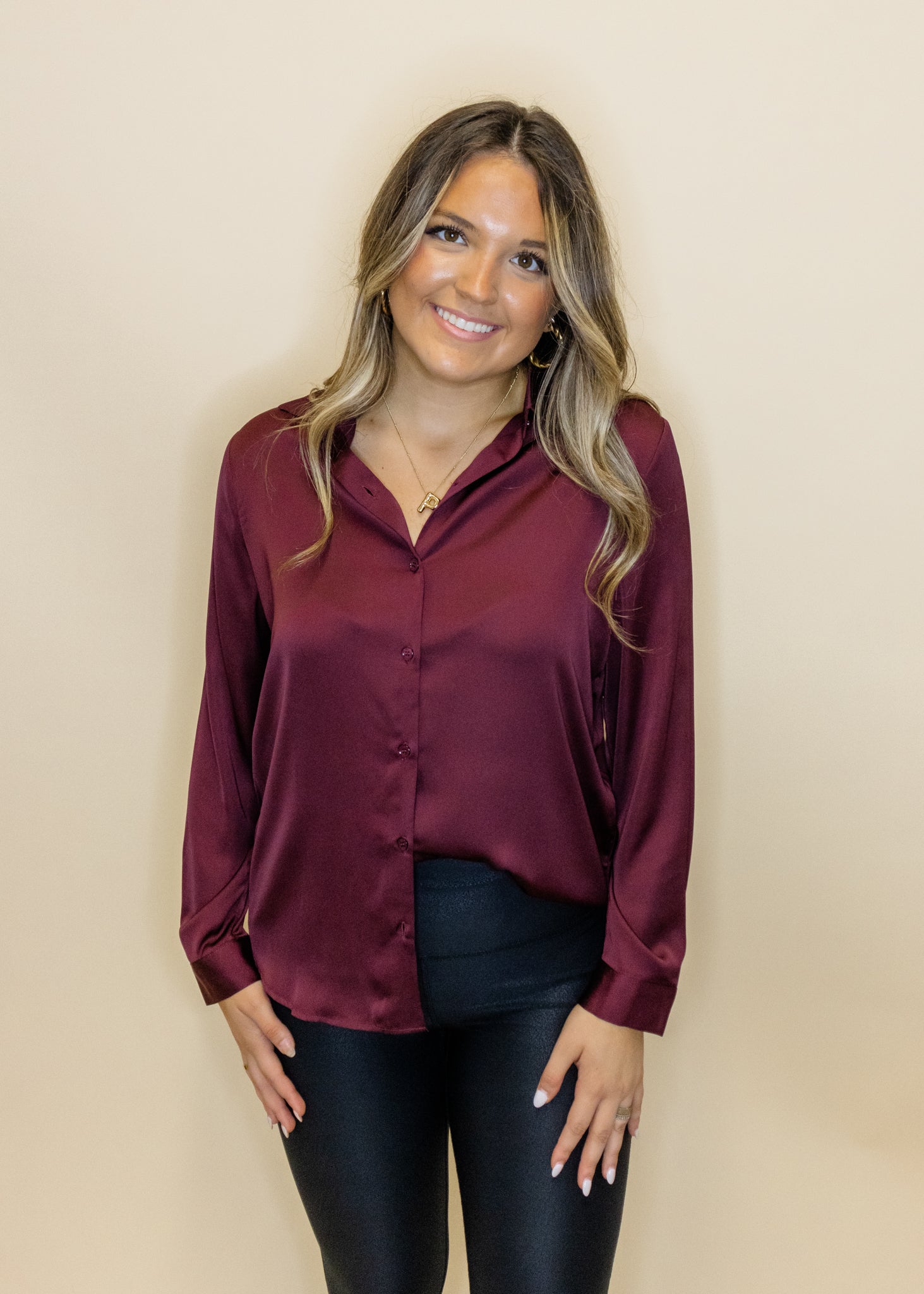 Plum Satin Button Up Top