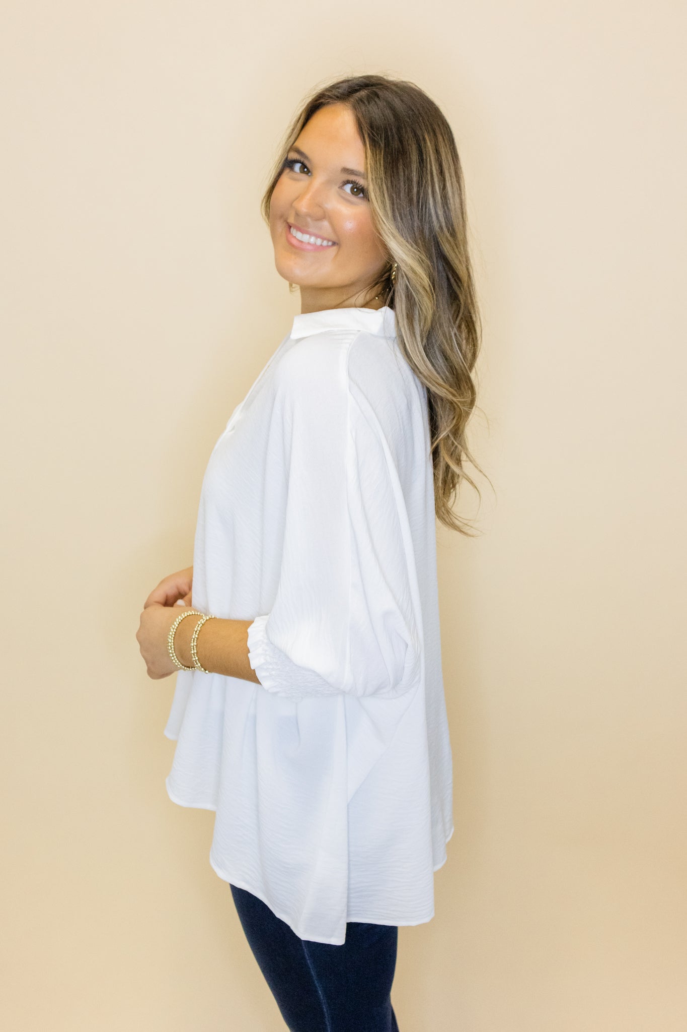 White Oversized Smocked Sleeve Top