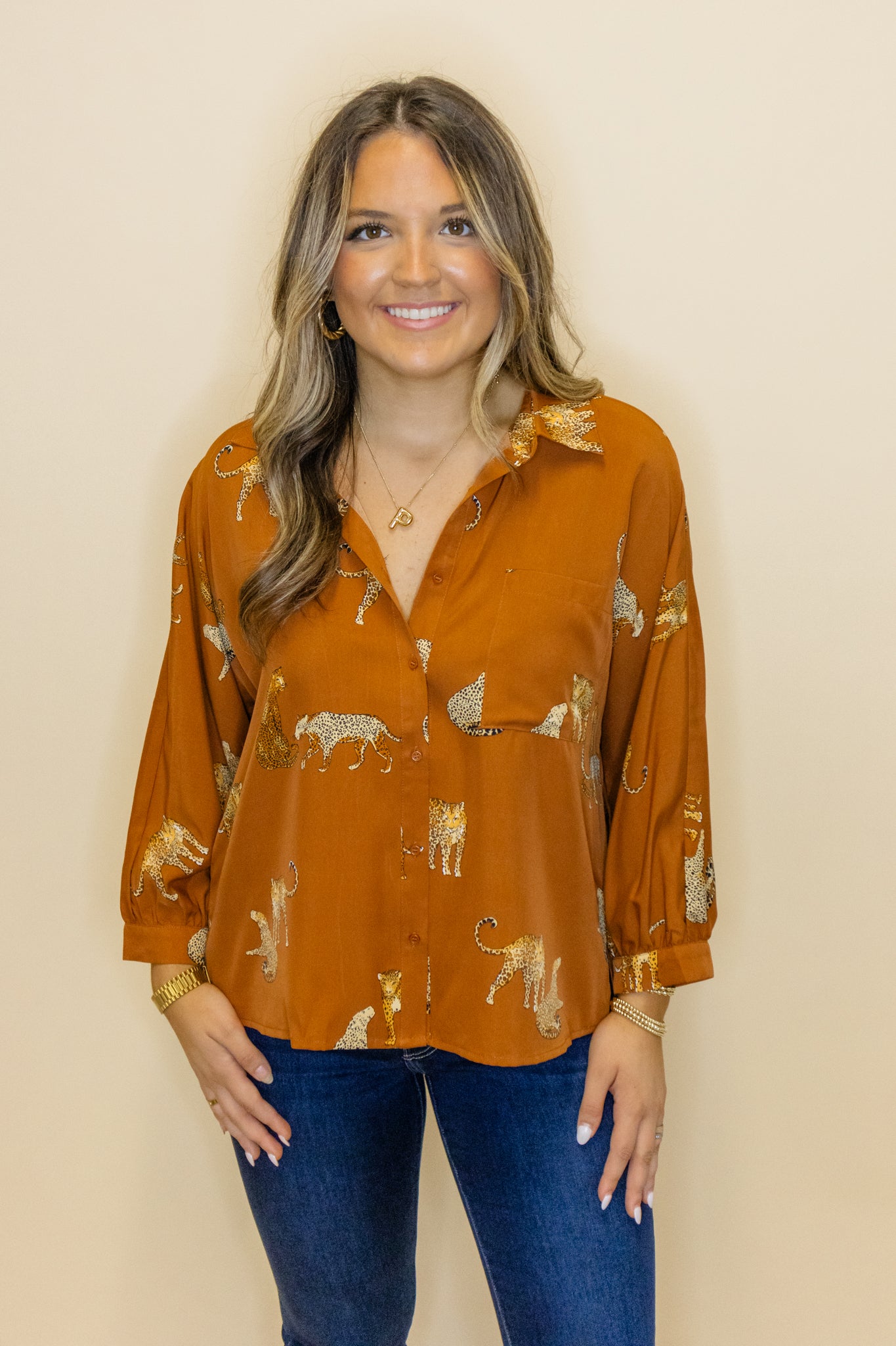 Orange Leopard Print Button Top