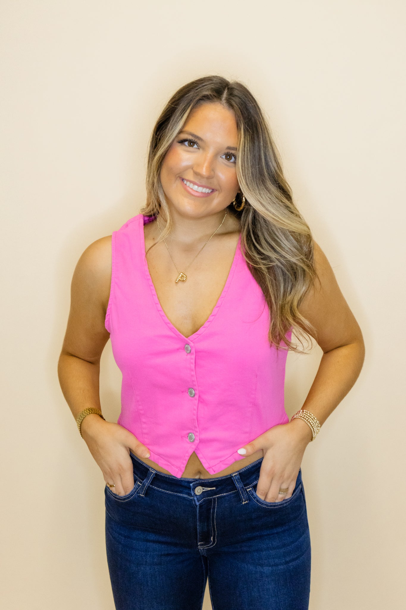 Pink Button Up Crop Vest