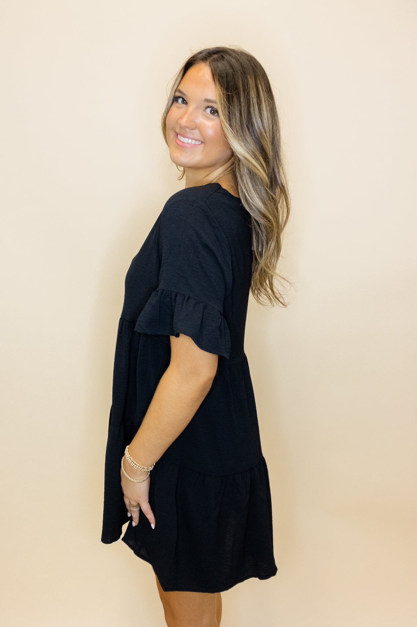 Black V-Neck Tiered Dress