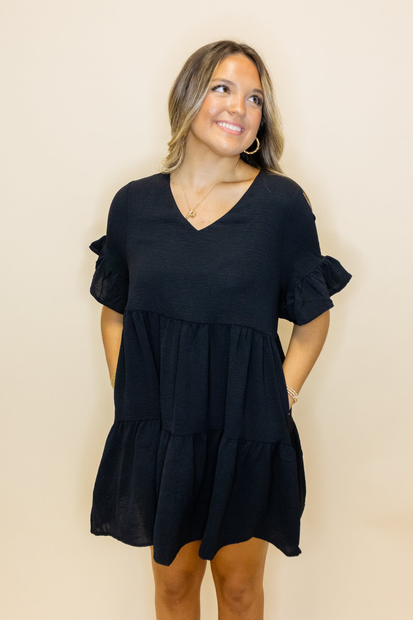 Black V-Neck Tiered Dress