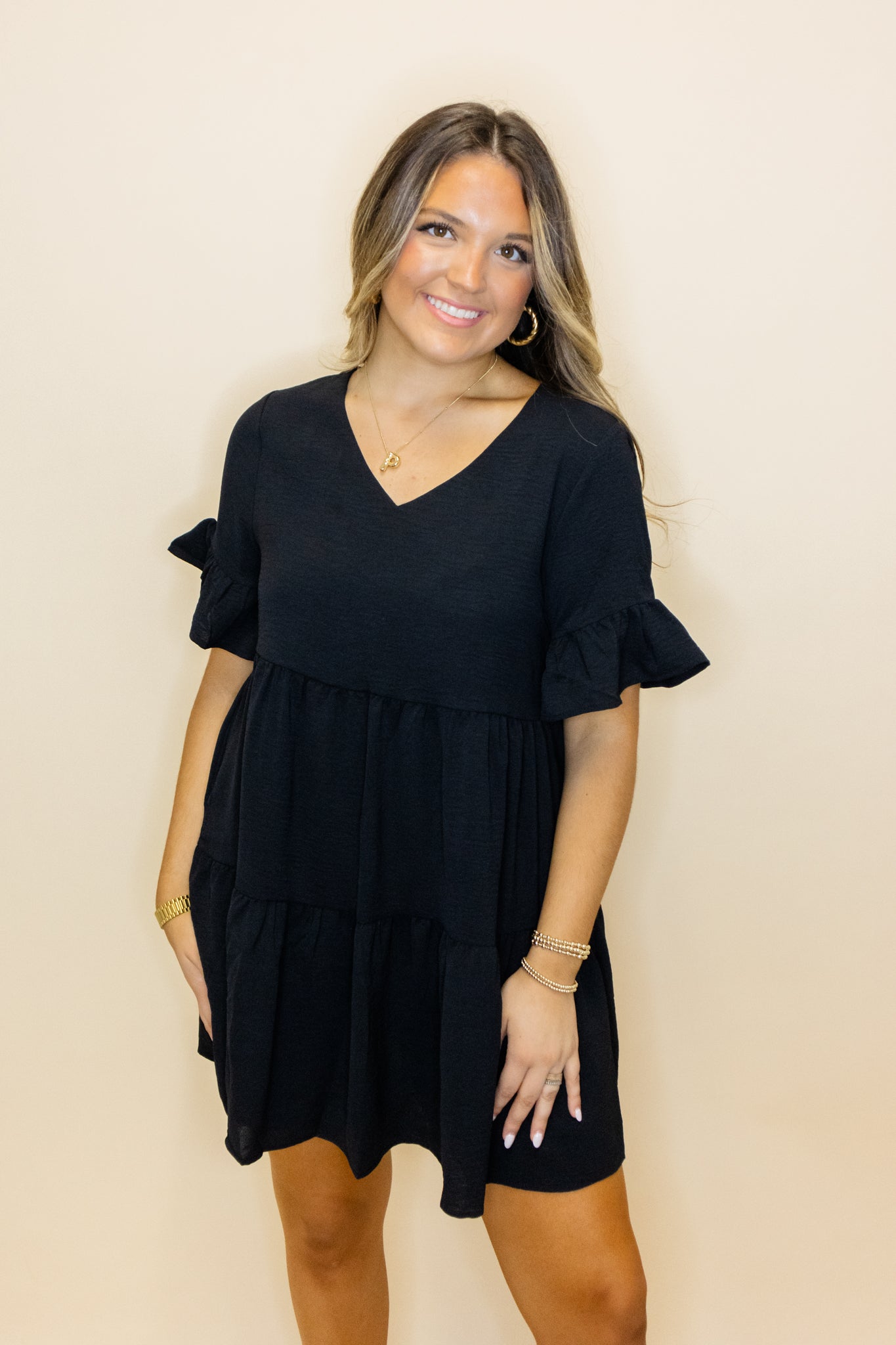 Black V-Neck Tiered Dress