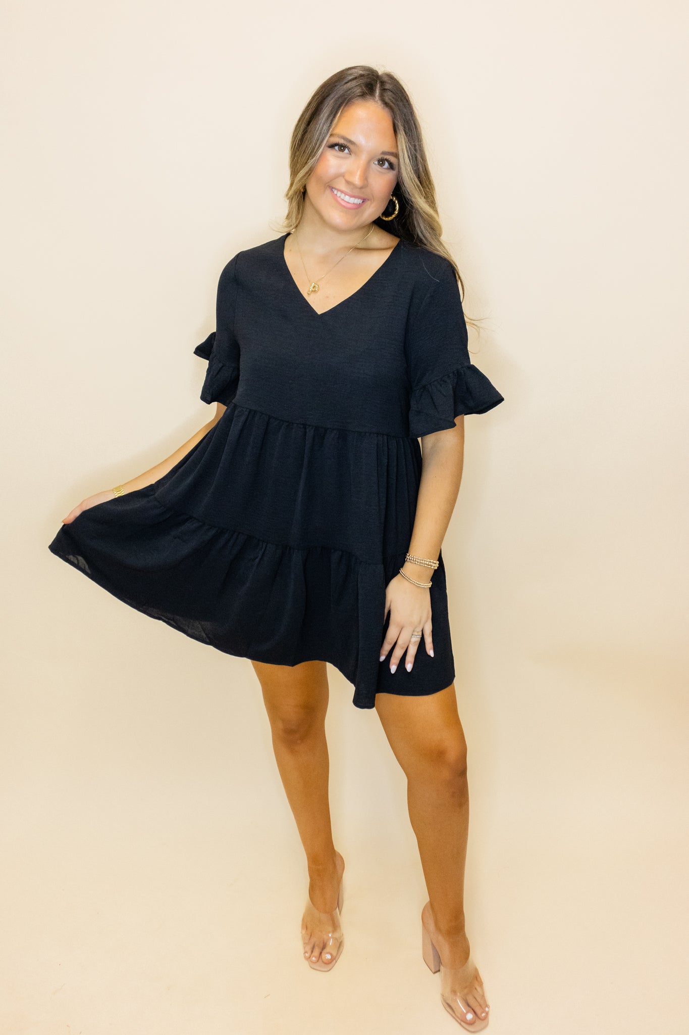 Black V-Neck Tiered Dress