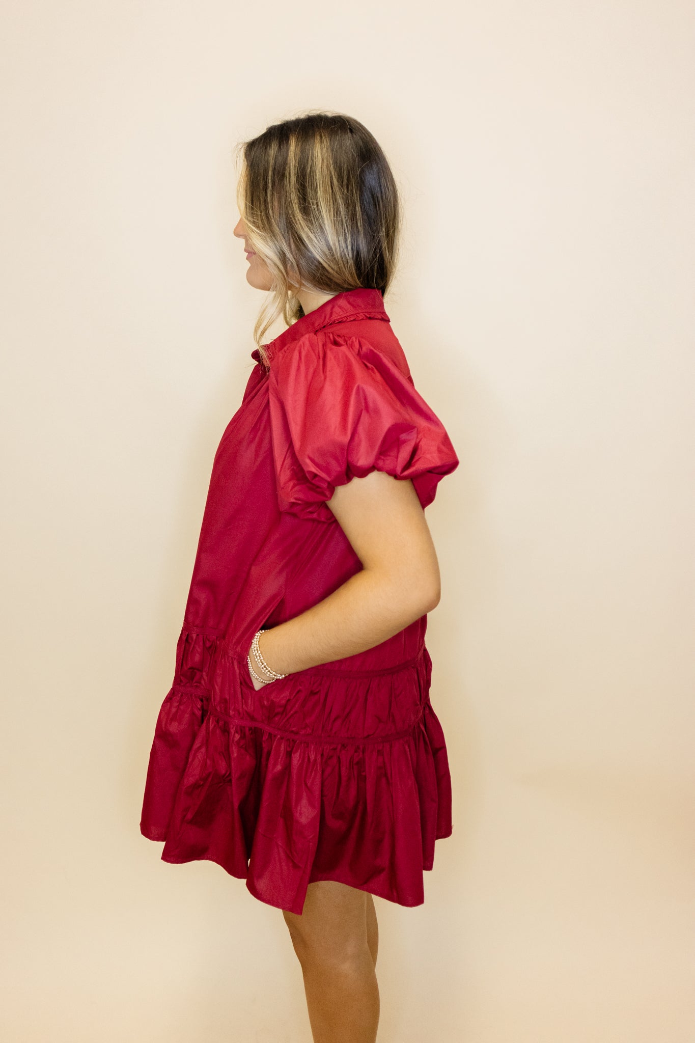 Maroon Gathered Button Up Dress