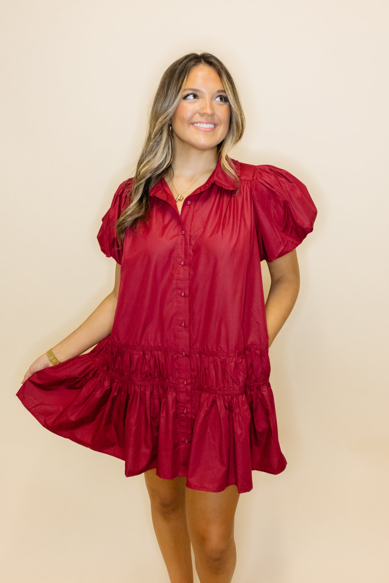 Maroon Gathered Button Up Dress