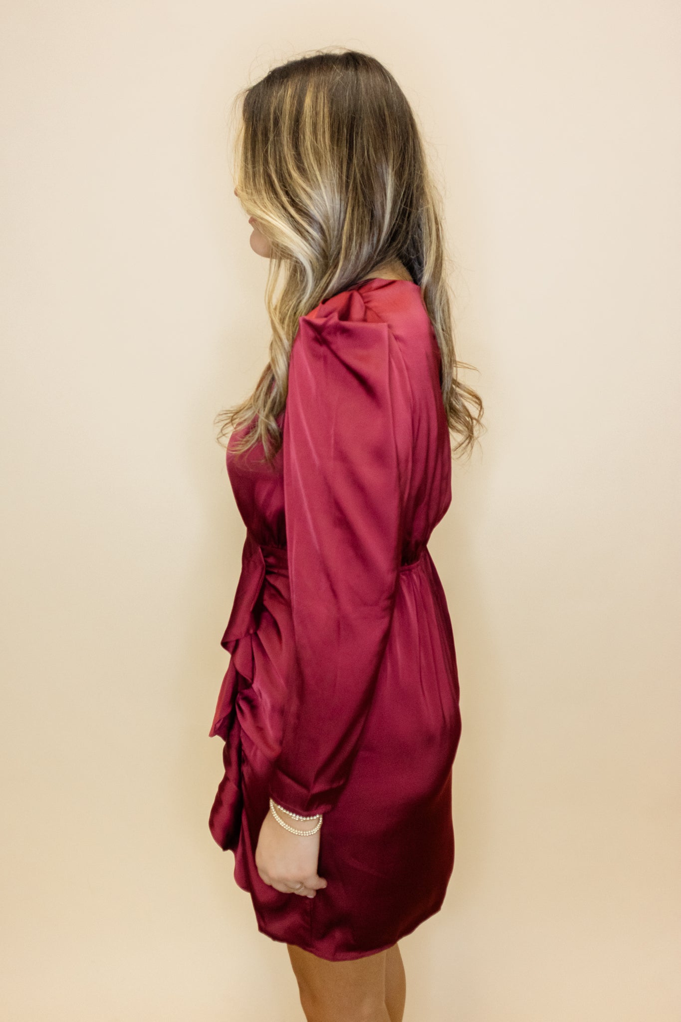 Burgundy Satin Draped Dress