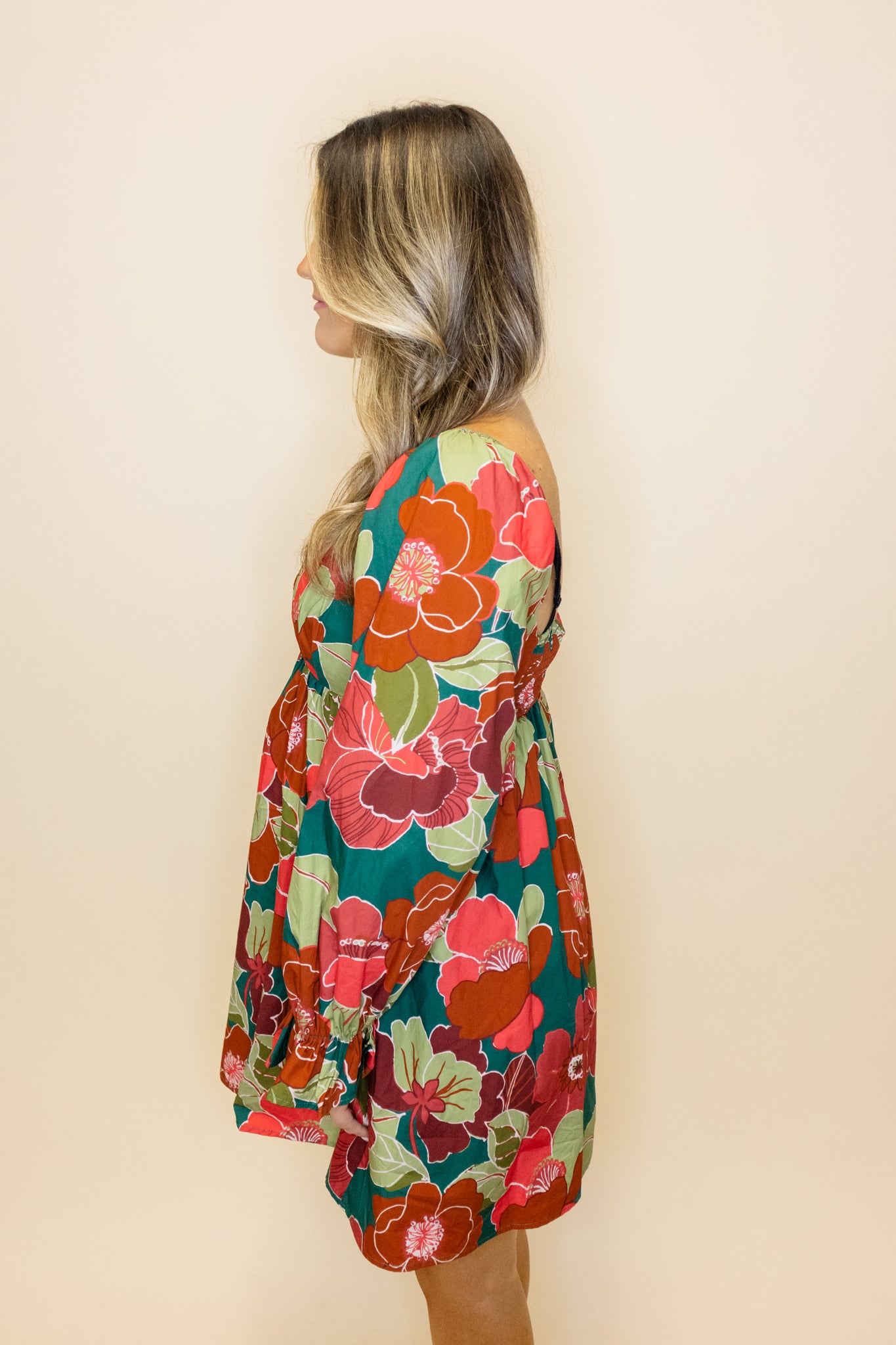 Teal Floral Long Sleeve Dress