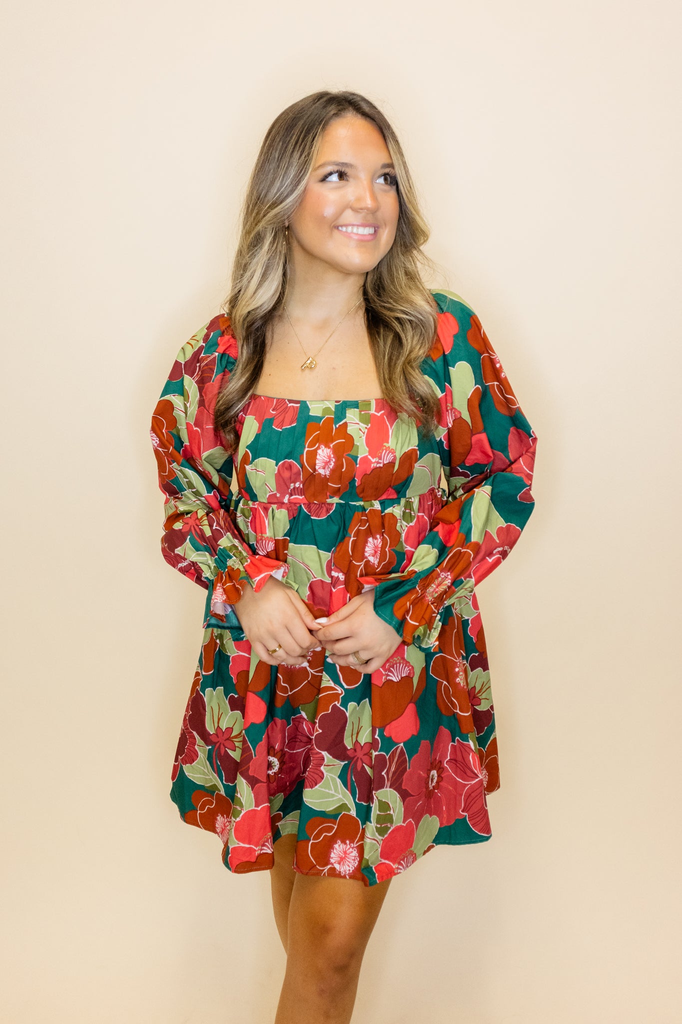 Teal Floral Long Sleeve Dress