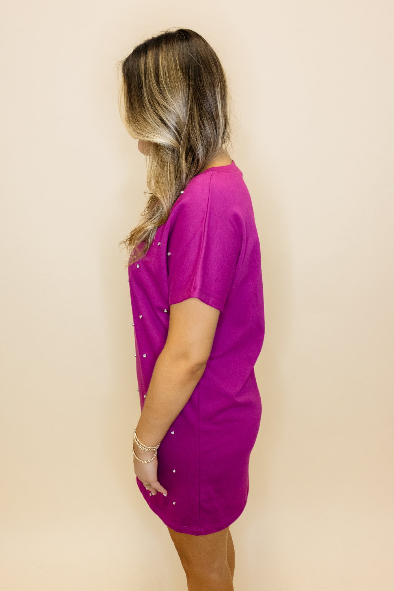 Magenta Rhinestone Short Sleeve Dress