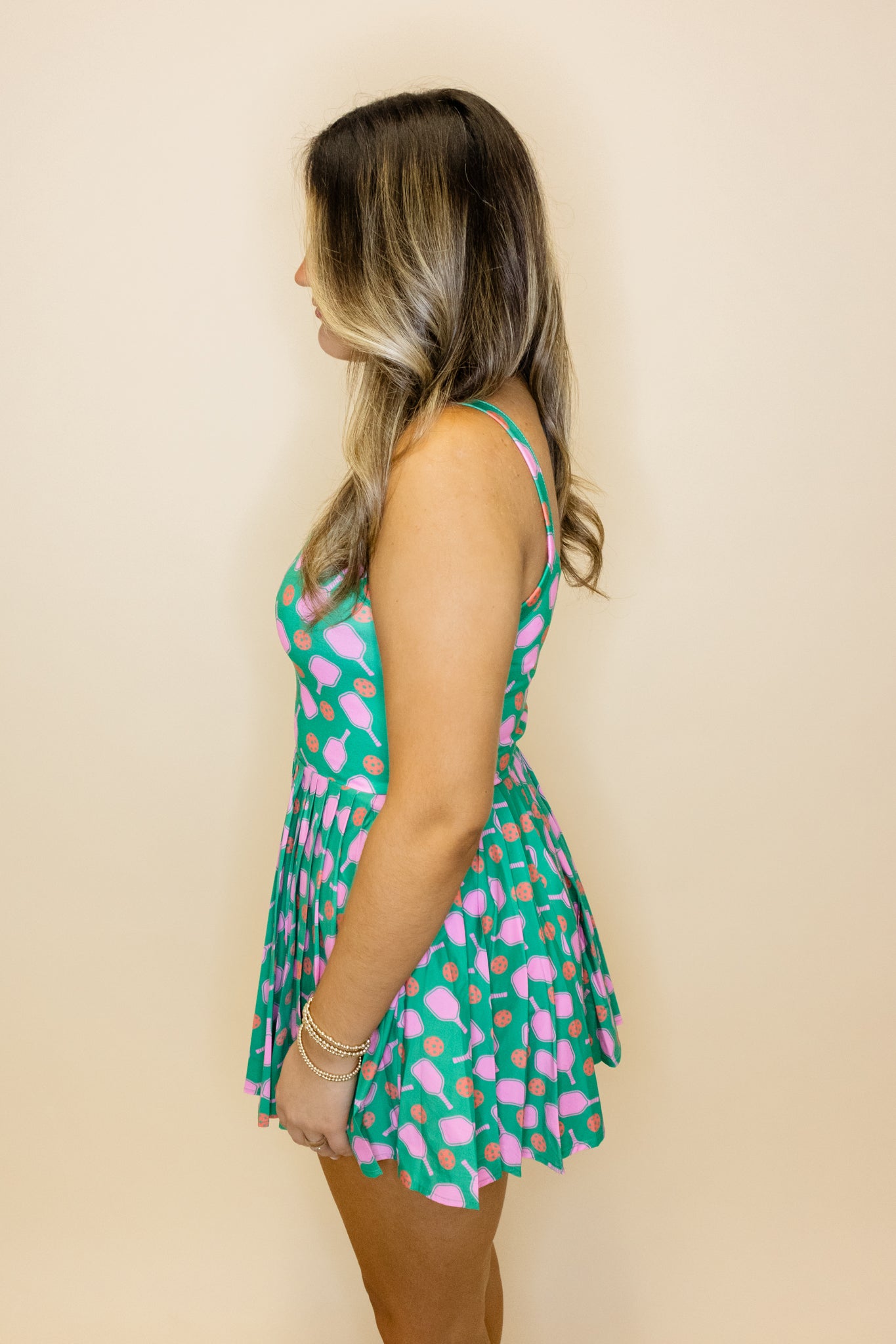 Green Pickle Ball Pleated Romper