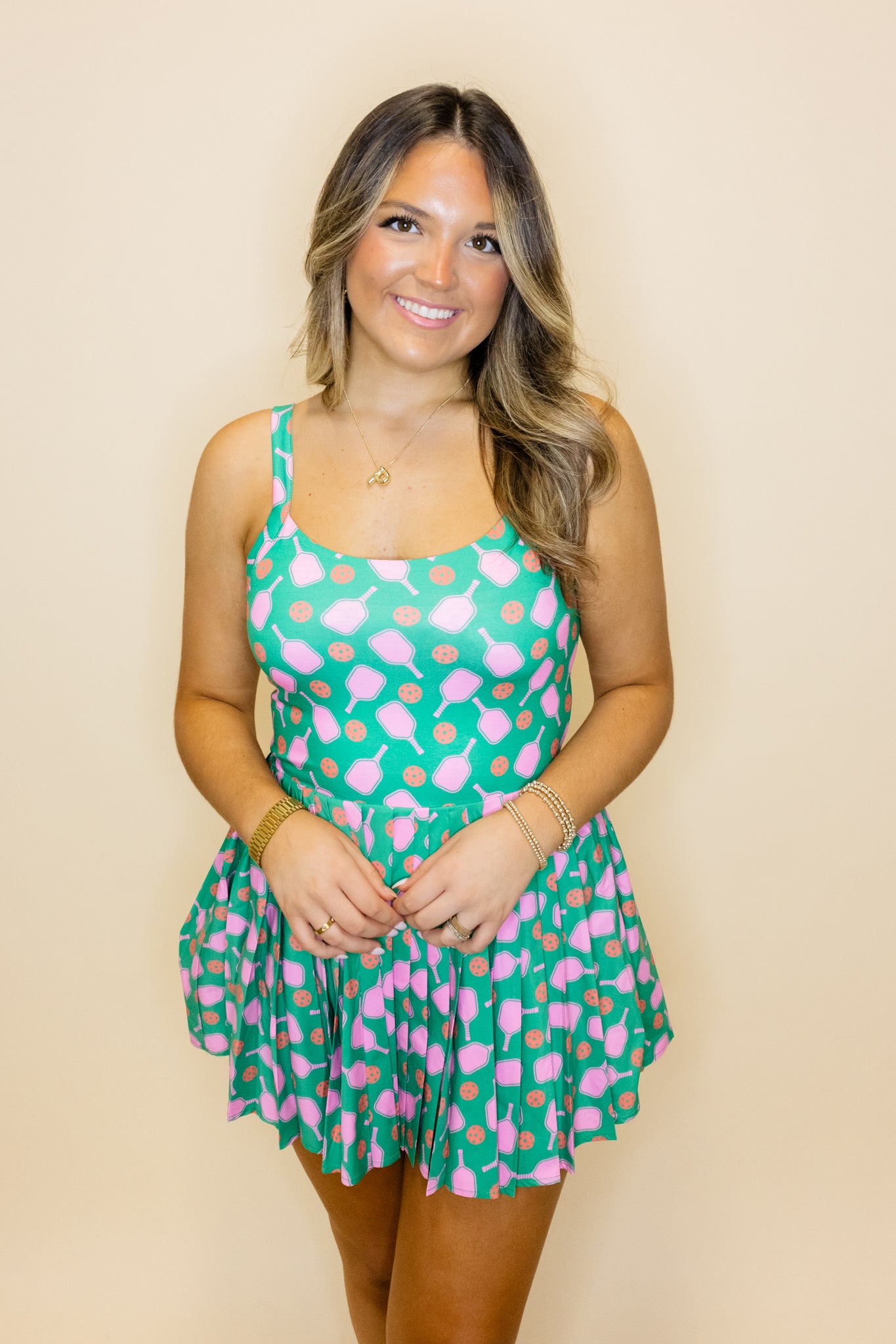 Green Pickle Ball Pleated Romper