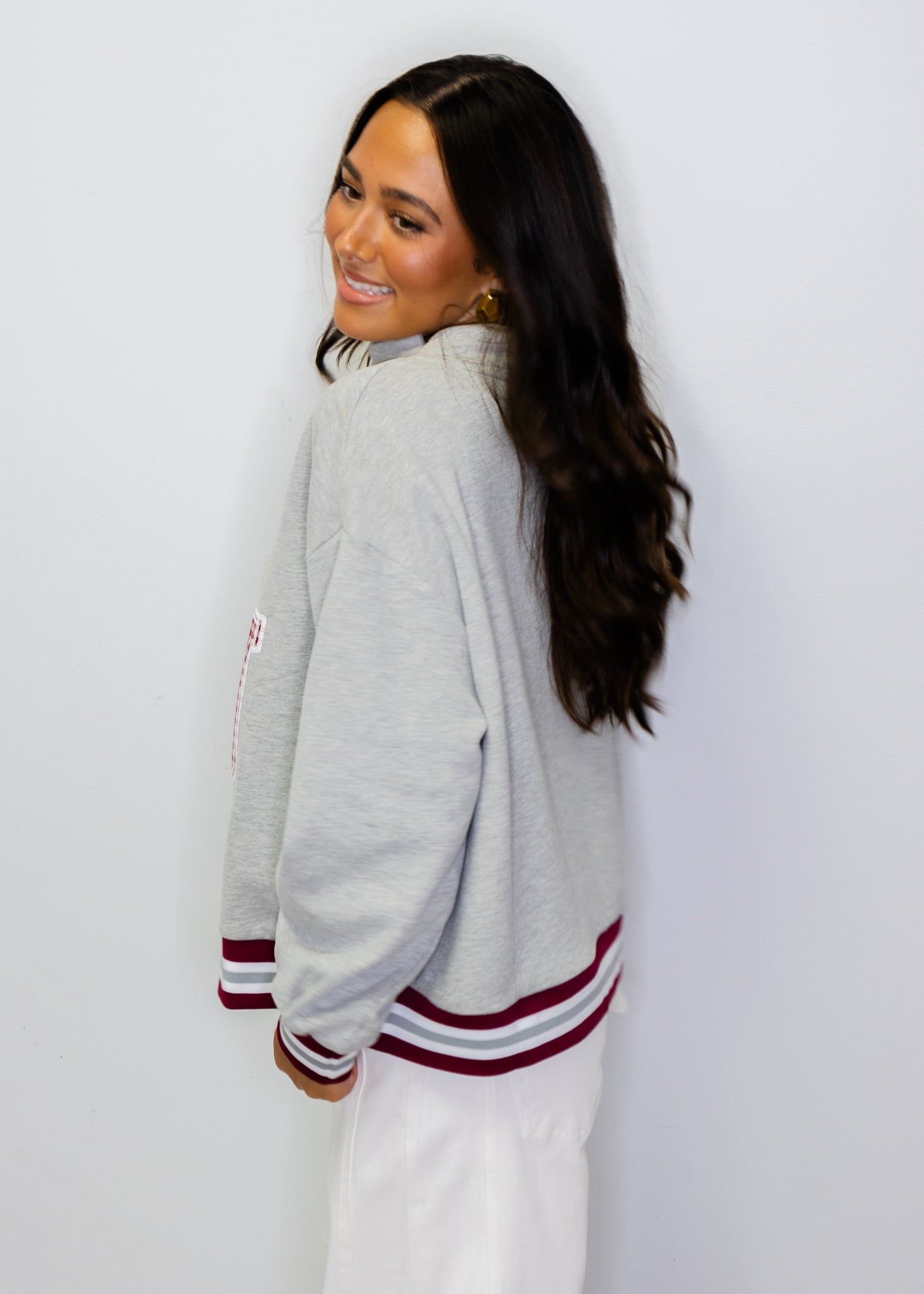 Licensed Miss State Grey Gingham Mascot Mock Neck Sweatshirt