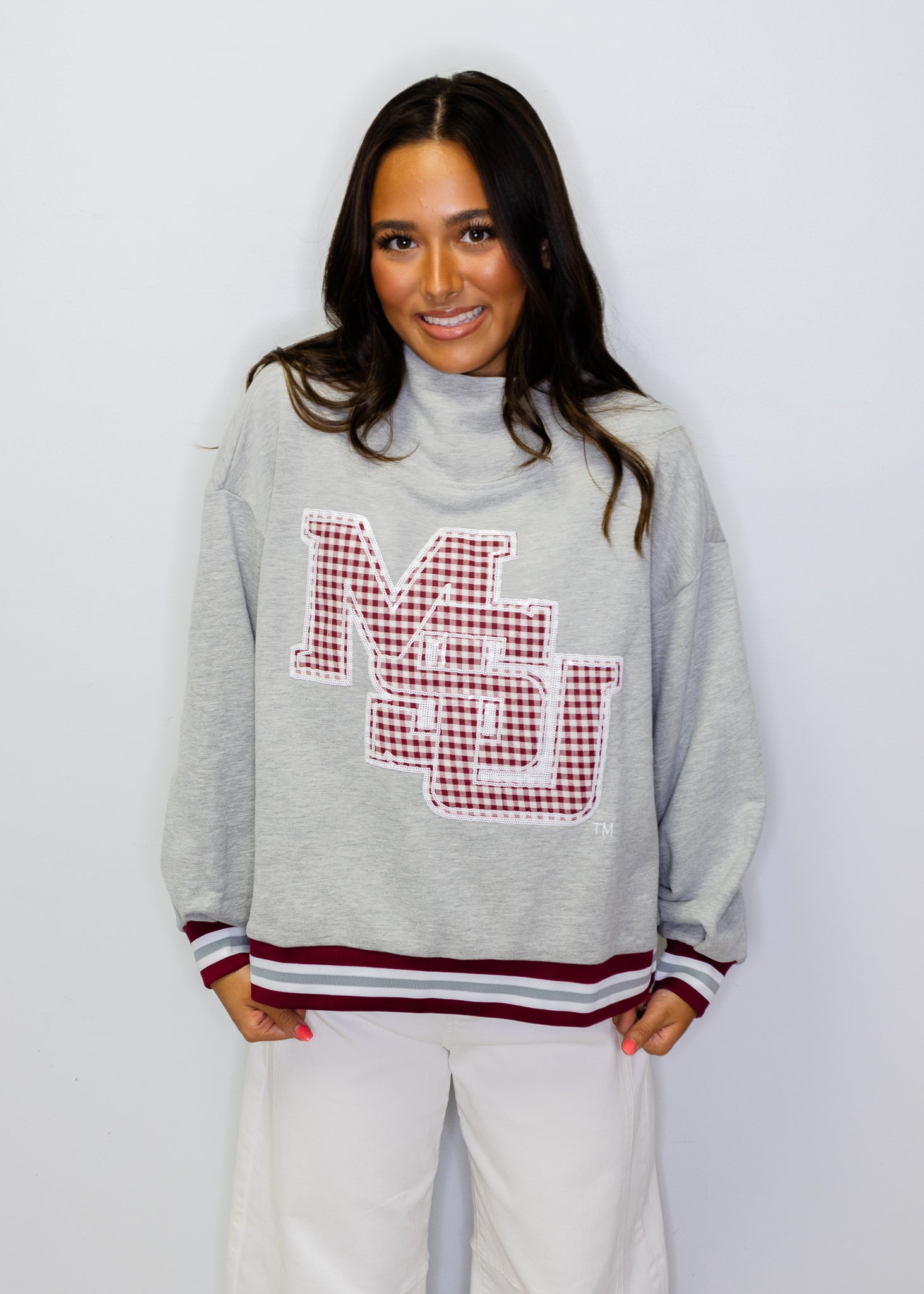 Licensed Miss State Grey Gingham Mascot Mock Neck Sweatshirt