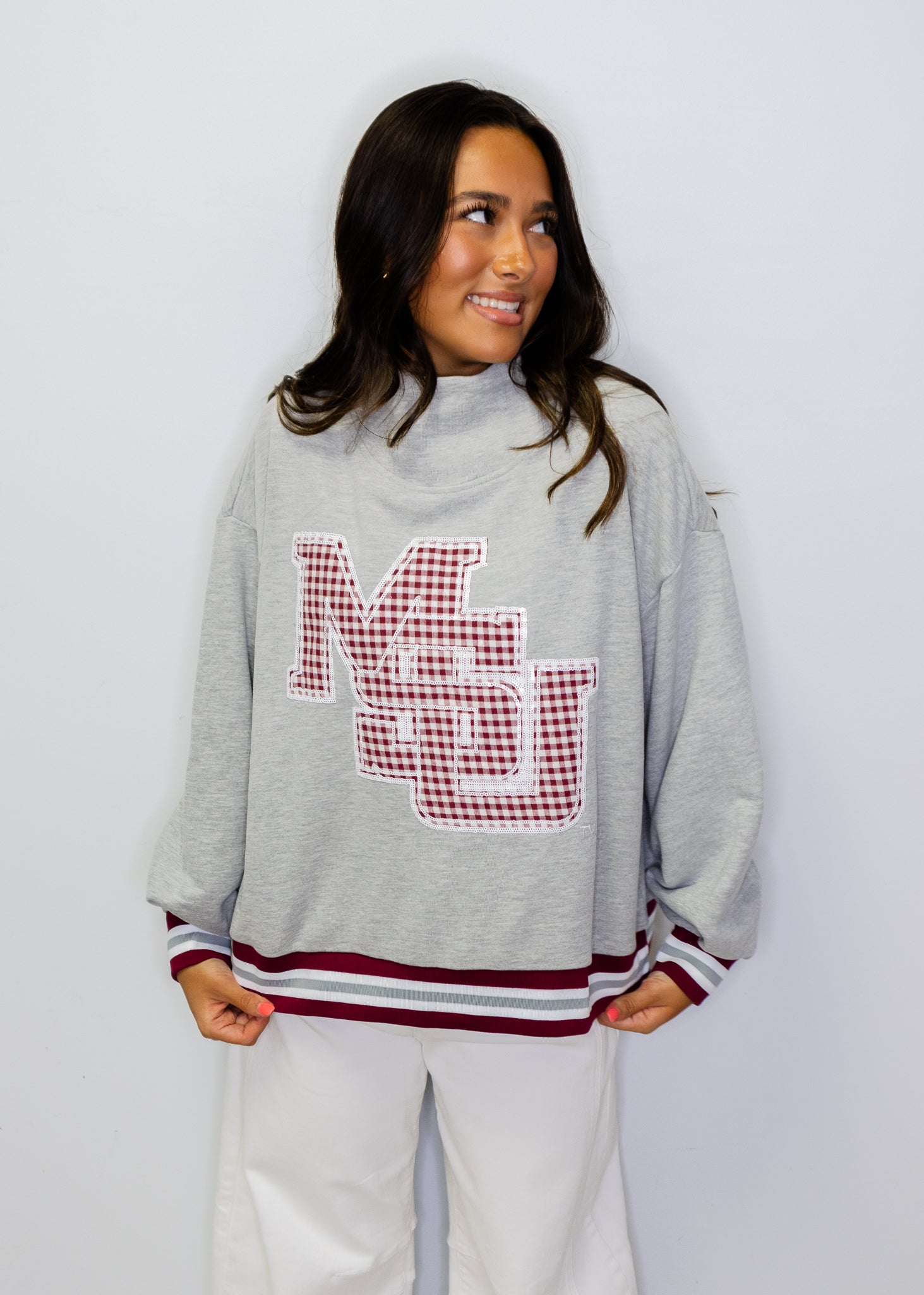 Licensed Miss State Grey Gingham Mascot Mock Neck Sweatshirt