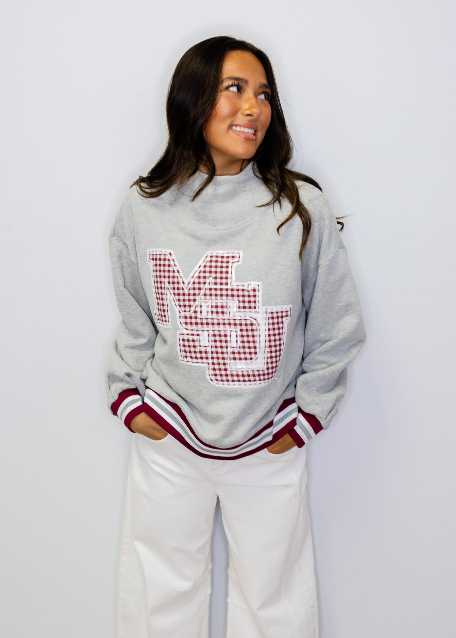 Licensed Miss State Grey Gingham Mascot Mock Neck Sweatshirt